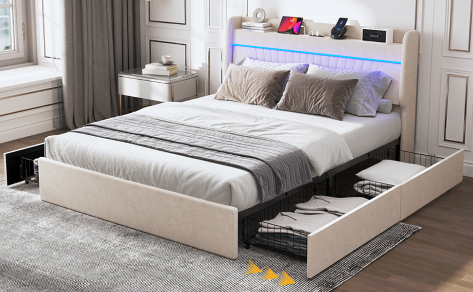 Queen Bed Frame With Storage Upholstered Headboard And 4 Drawers, Velvet Upholstered Platform Bed With Led Lights & Charging Station, Stable & Easy Assembly, No Box Spring Needed, Beige Box Spring