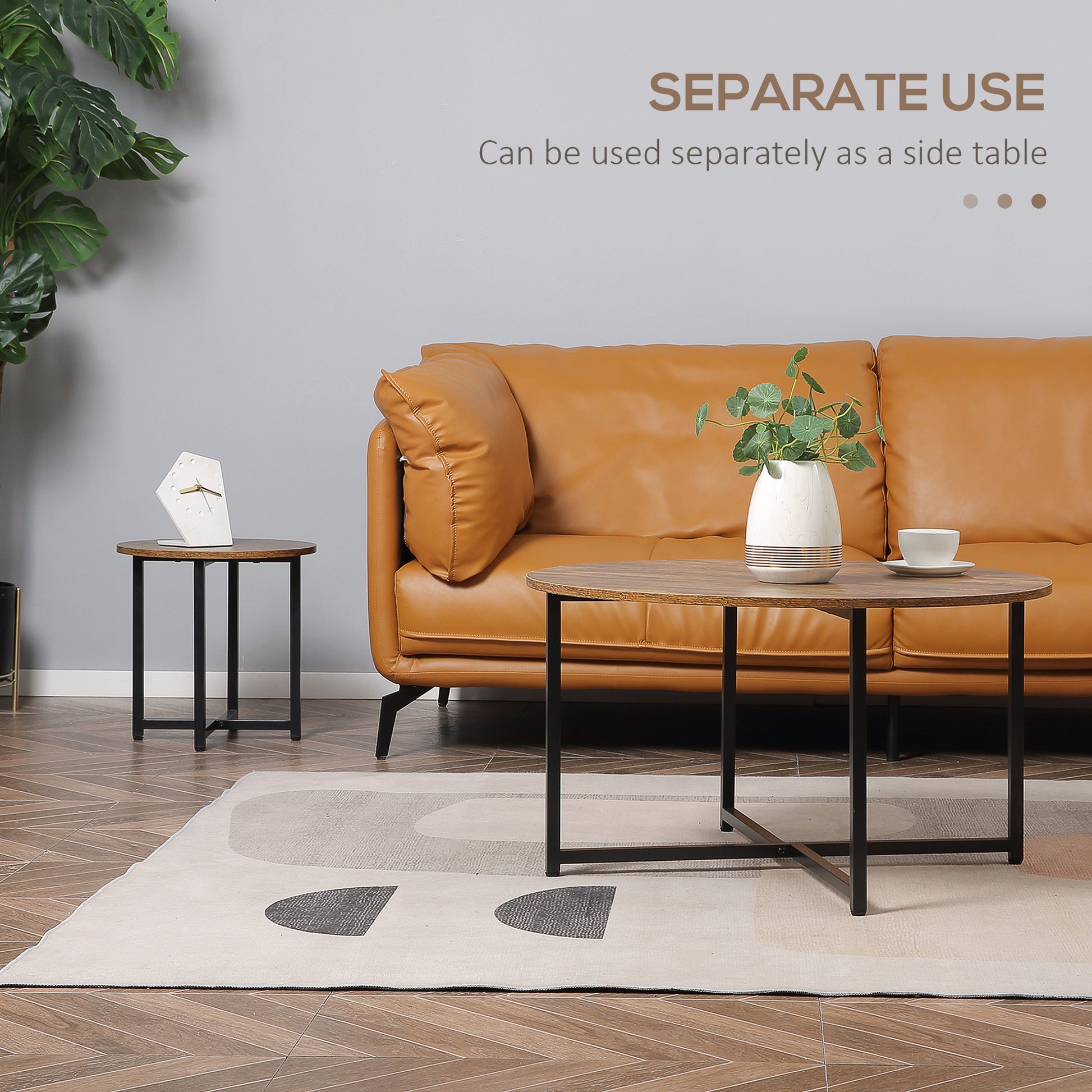 Homcom Round Coffee Table Set Of 2, Industrial Living Room Tables With Metal Frame, Circle Coffee Tables For Living Room, Rustic Brown Rustic Brown Mdf