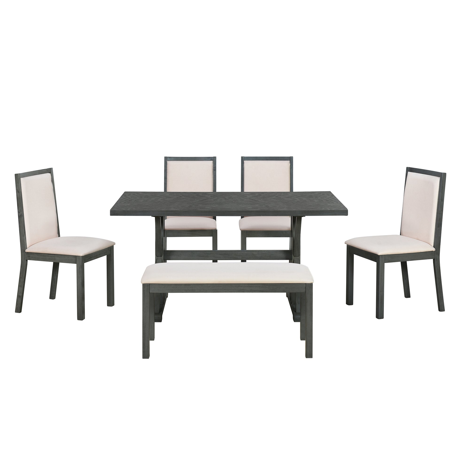 Farmhouse Classical 6 Piece Dining Table Set With Trestle Legs,Kitchen Table Set For 6 With 4 Upholstered Dining Chairs And Bench, Grey Wood Dining Room Solid Wood Rubberwood Rectangular Dining Table With Chair And Bench Upholstered Chair Wood Beige Grey