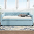 Full Size Upholstered Tufted Daybed With Twin Size Trundle, Blue Box Spring Not Required Full Blue Wood Daybeds Velvet Upholstered