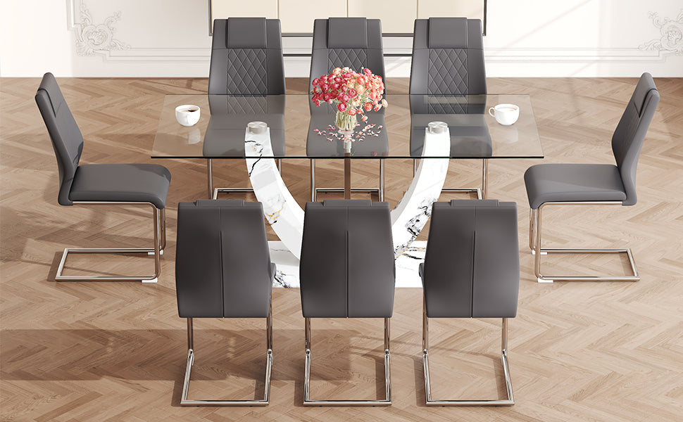 Table And Chair Set, Large Modern Rectangular Glass Table, Can Accommodate 6 8 People, Equipped With A 0.39 Inch Tempered Glass Tabletop And Mdf Table Legs.Paired With Comfortable And Soft Chairs. Gray Mdf Glass