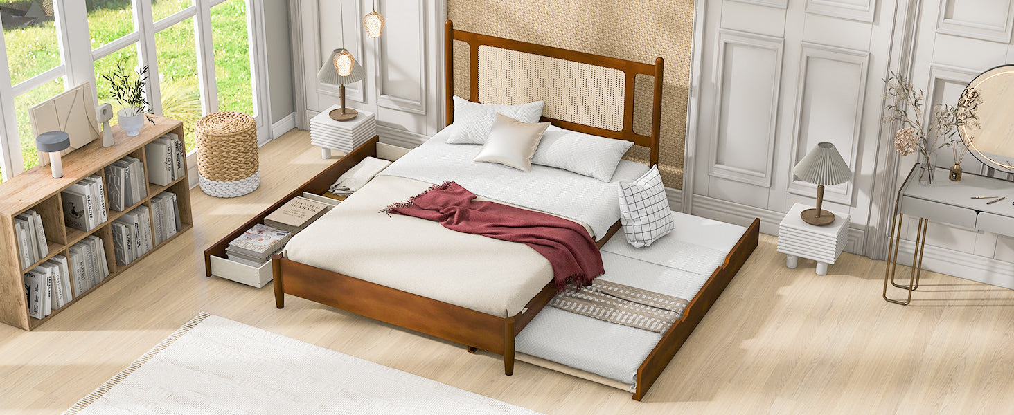Queen Size Wooden Rattan Platform Bed, With 2 Big Drawers, T Size Trundle, Brown Queen Brown Plywood
