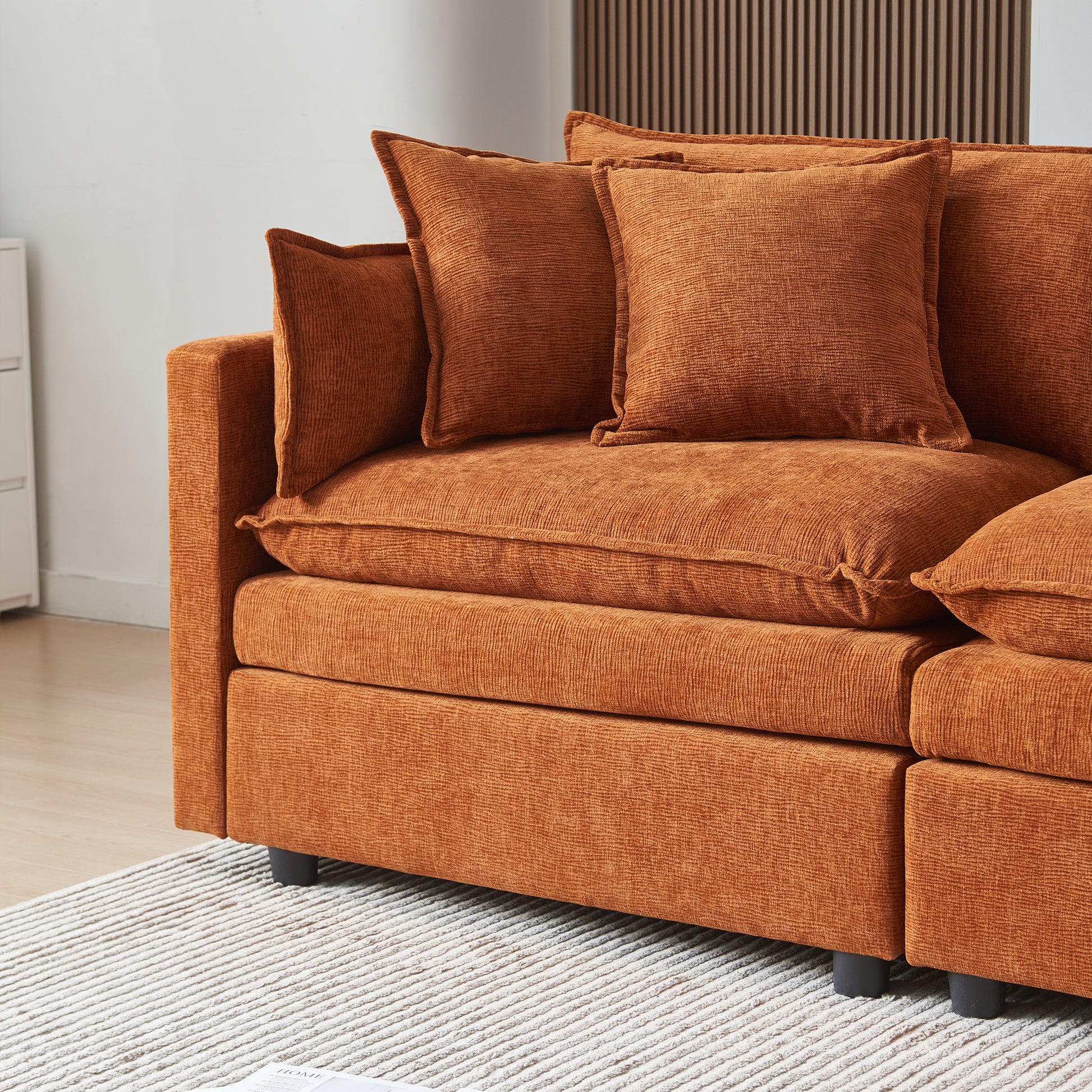 Modular L Shaped Sectional Sofa With Ottoman, Chenille Fabric Sofa Couch, Comfy Upholstered Furniture For Living Room, Apartment, Studio, Office Orange Wood Medium Soft Foam Chenille 4 Seat