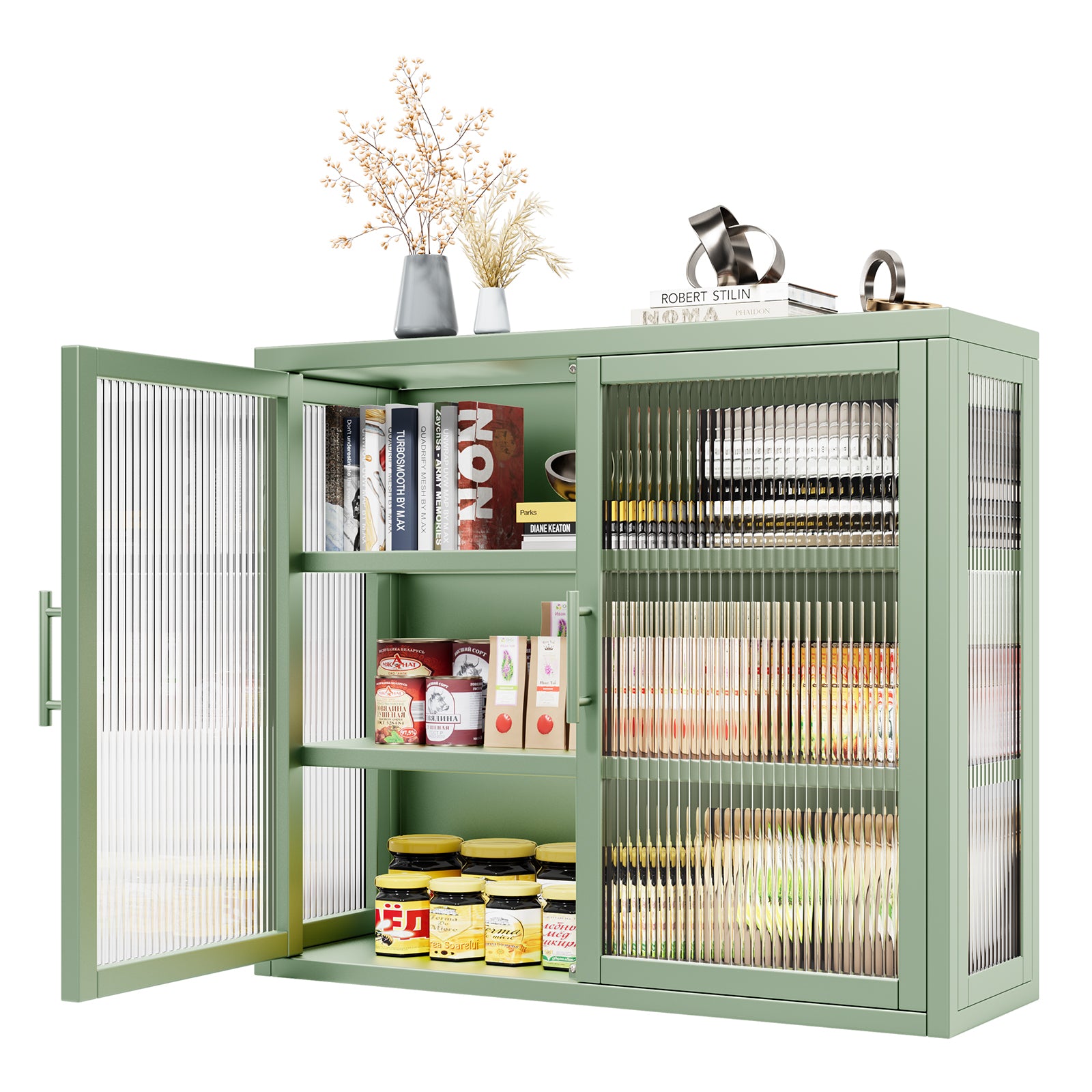 Retro Style Haze Double Glass Door Wall Cabinet With Detachable Shelves For Office, Dining Room,Living Room, Kitchen And Bathroom Mint Green Mint Green Tempered Glass Sheet Metal Plastic