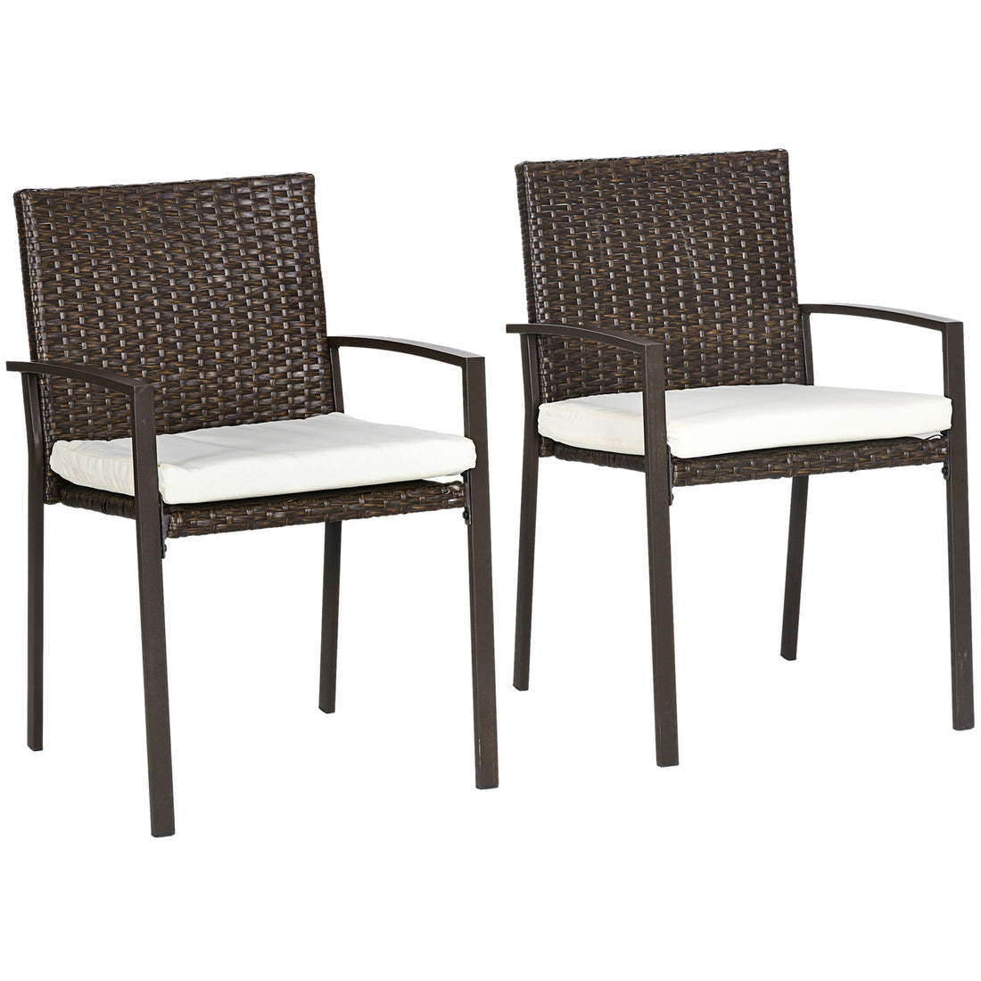 Outsunny 2 Piece Pe Rattan Outdoor Dining Chairs With Cushion, Patio Wicker Dining Chair Set With Backrest, Armrests For Patio, Deck, Garden, Cream White White Black Steel