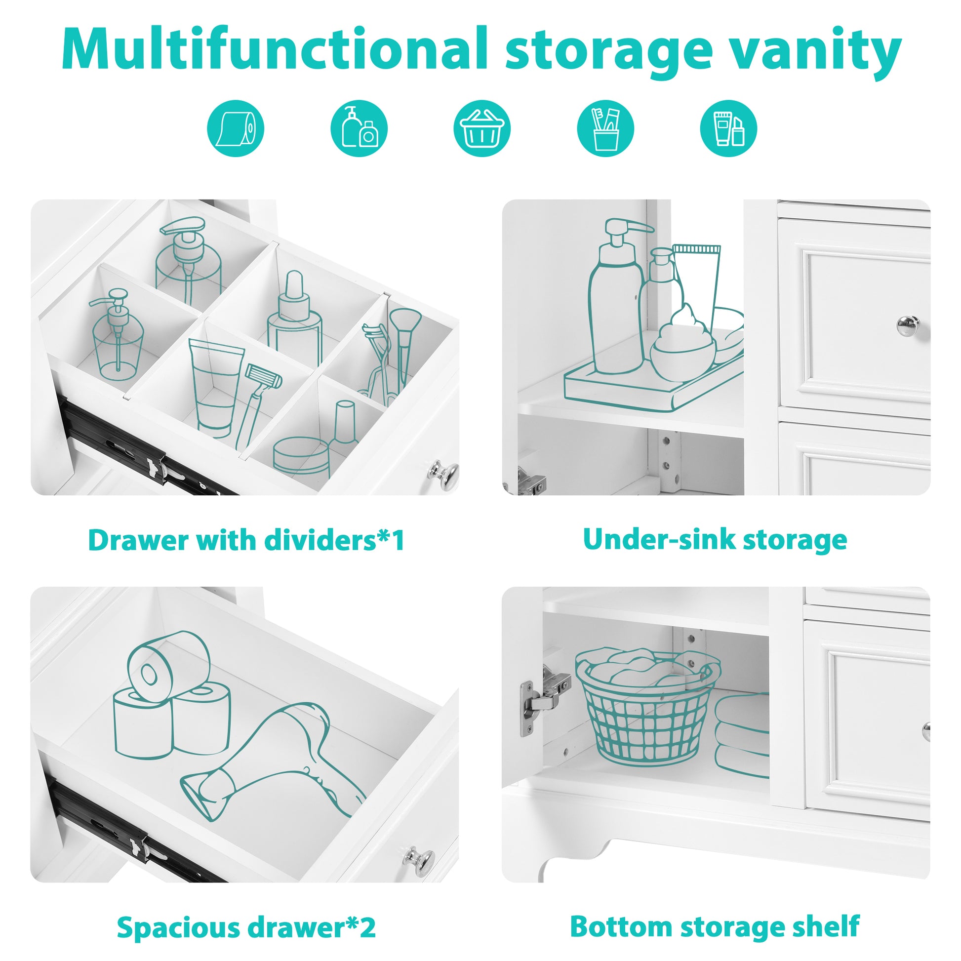 30 Inch Bathroom Vanity Cabinet With Ceramic Basin, 3 Drawers And Adjustable Shelves White Bathroom Solid Wood Mdf