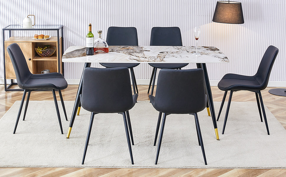 Table And Chair Set, Imitation Marble Texture Rock Board Table Top, Black Metal Table Legs, Stable And Beautiful. Modern Simple Dining Table, Comfortable Seating. White Black Seats 6 Metal