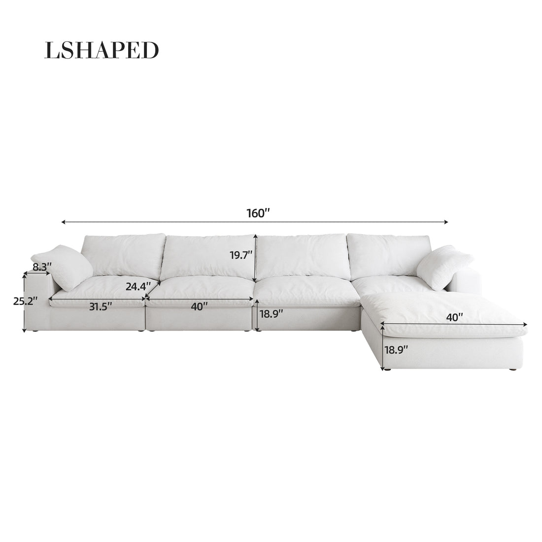 Cloud Modular Sectional Sofa 160" Down Filled Comfort L Shaped Sofa Couch For Living Room,4 Seater And 1 Ottoman White Down Filling,Fabric,Foam 5 Seat