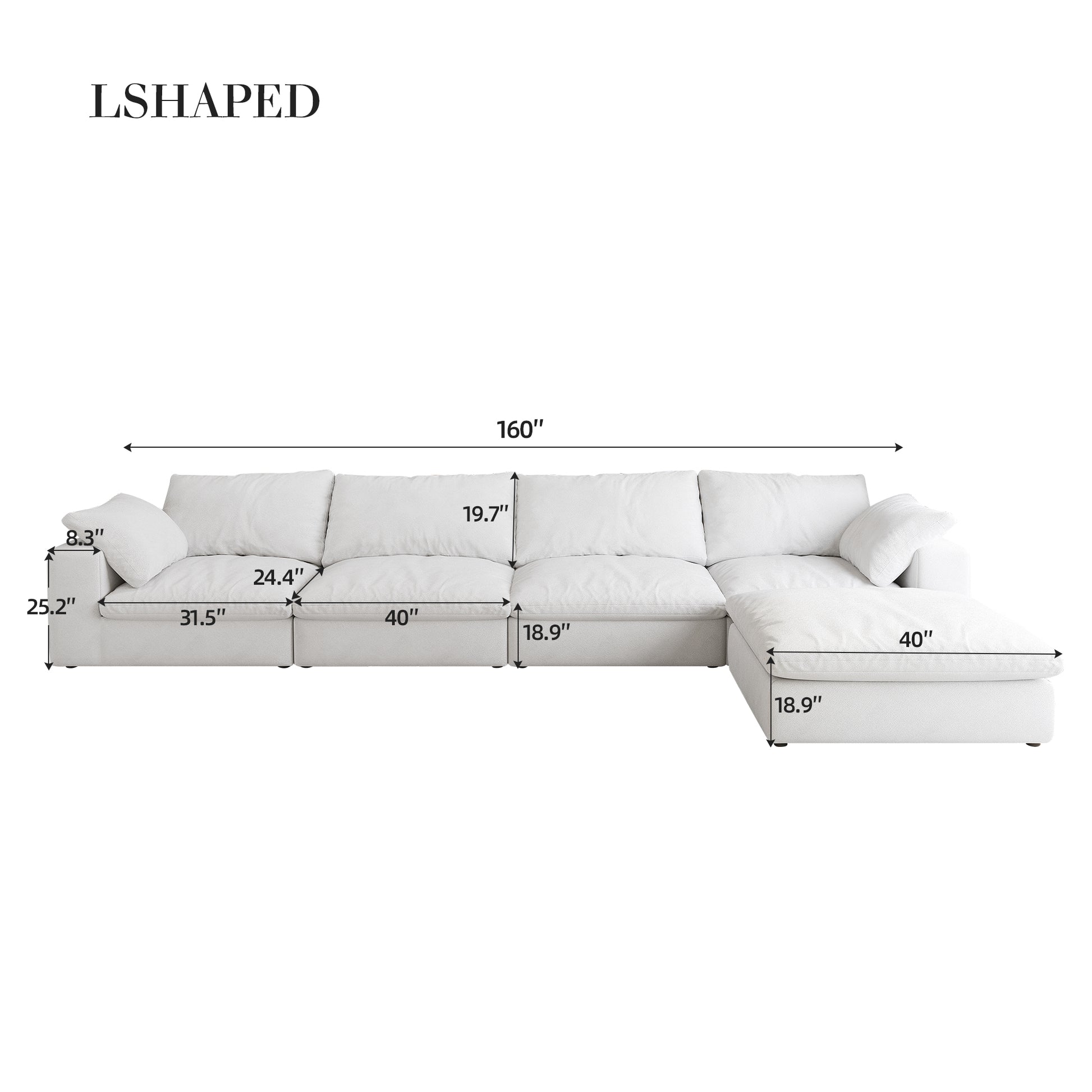 Cloud Modular Sectional Sofa 160" Down Filled Comfort L Shaped Sofa Couch For Living Room,4 Seater And 1 Ottoman White Down Filling,Fabric,Foam 5 Seat