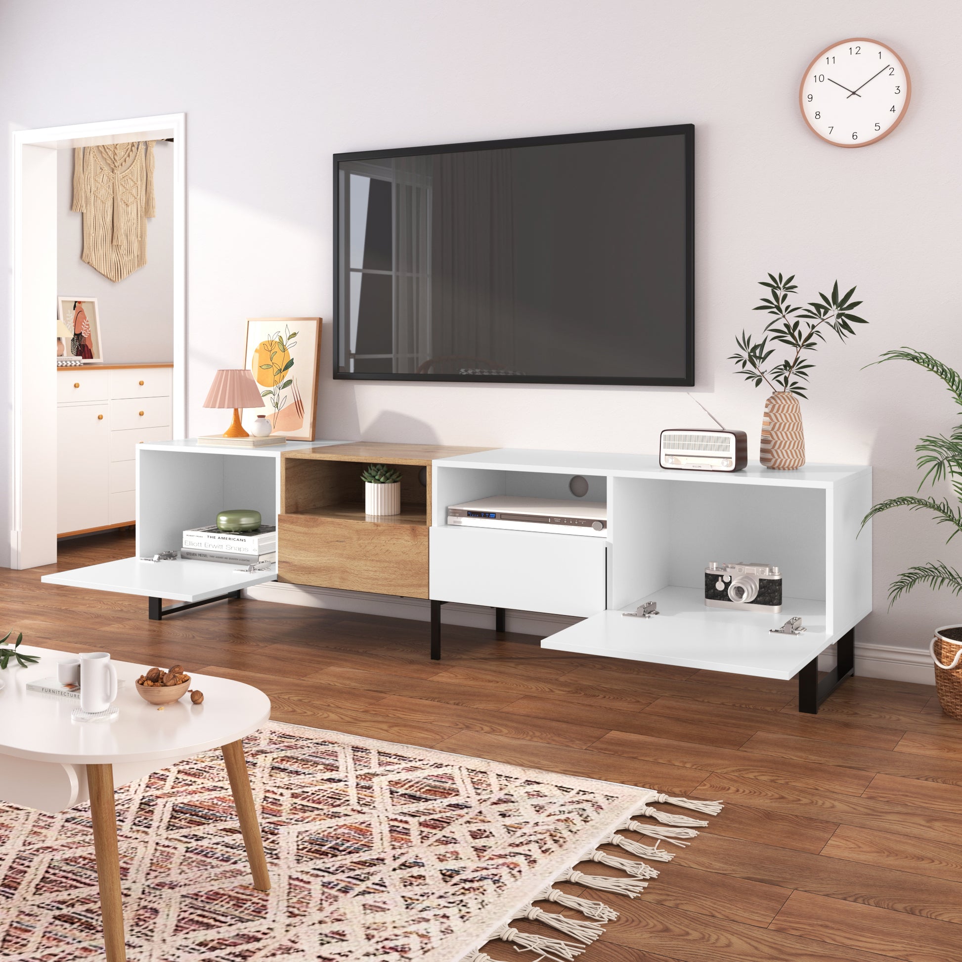 Modern Tv Stand With 2 Cabinets& Open Storage Compartment, Color Matching Media Console Table For Tvs Up To 85'', Entertainment Center With Drop Down Door For Living Room, Bedroom, Home Theatre Wood Brown Primary Living Space 70 79 Inches 90 Inches Or