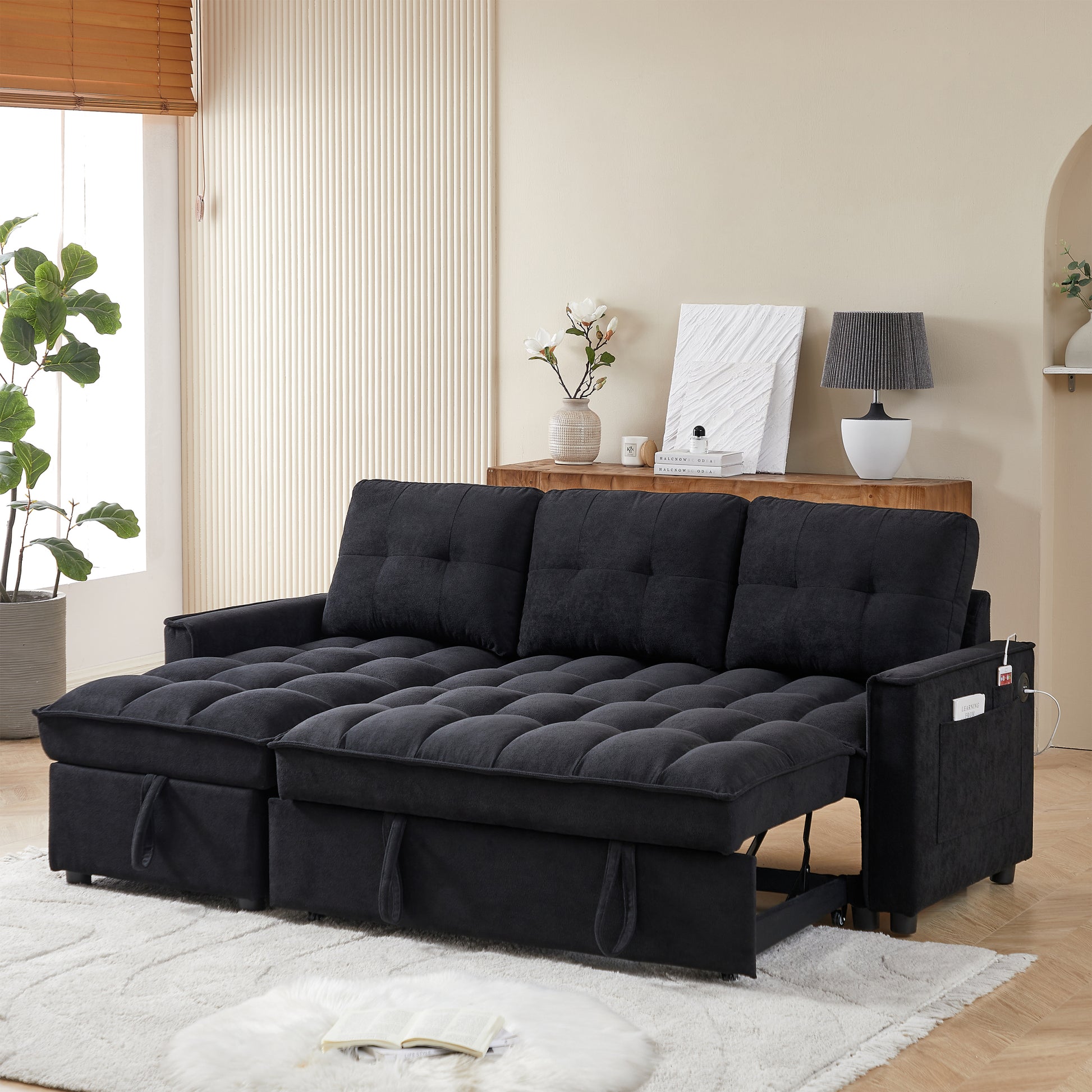 Mh 78.75" Reclining Sofa, Pull Out Sofa Bed With Usb And Tape C Charging Ports, L Shaped Sectional Sofa With Reclining Storage And Arm Side Organizer Pocket Features, Living Room Comfort Sofa Black Chenille Wood Primary Living Space Eucalyptus Foam