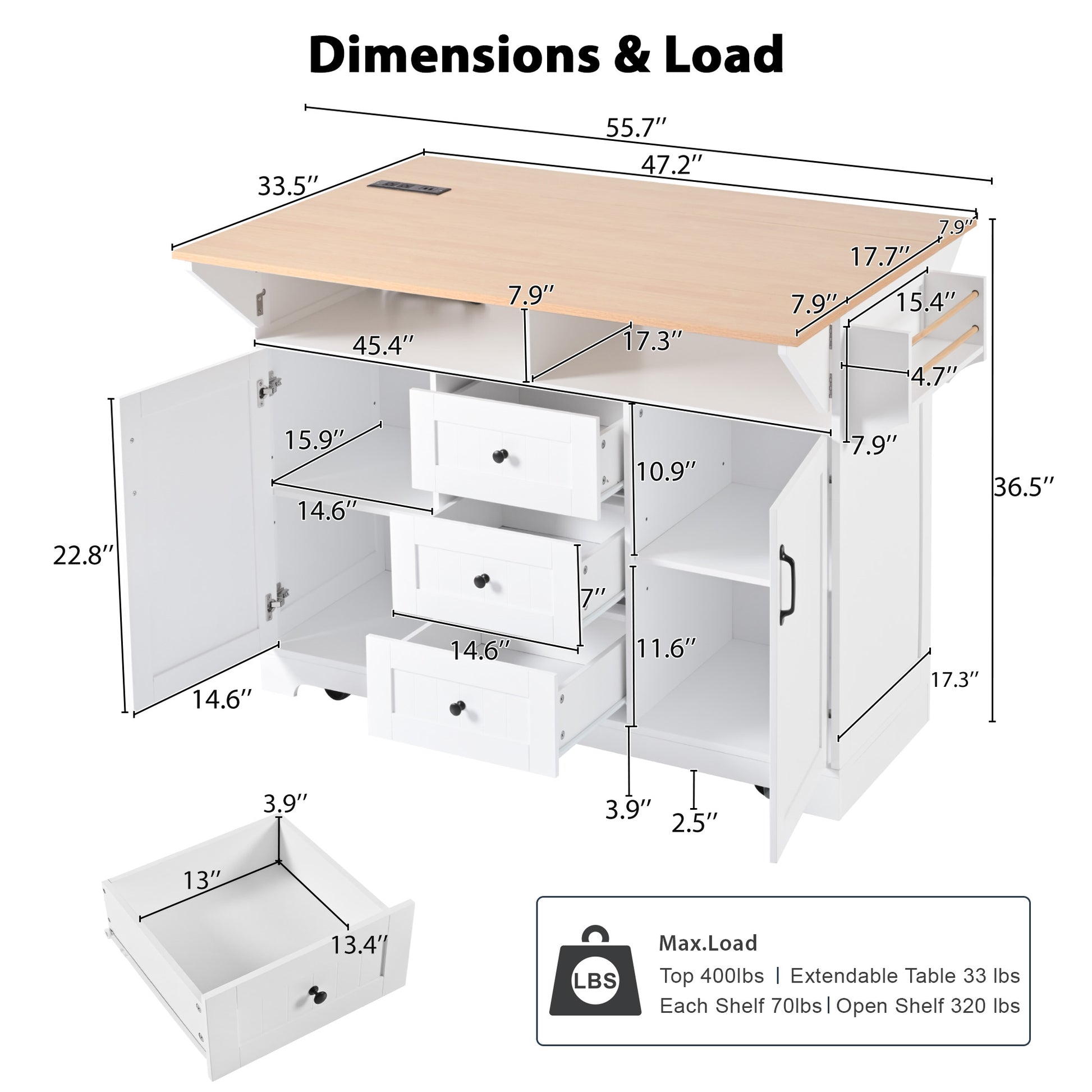 K&K 55.7'' Large Kitchen Island With 2 Drop Leaf, Rolling Kitchen Cart On 5 Wheels With Power Outlet, Folding Storage Dining Table With Spice & Towel Rack3 Drawers, For Kitchen, Dining Room,White White White Kitchen Classic,Farmhouse,Luxury,Modern