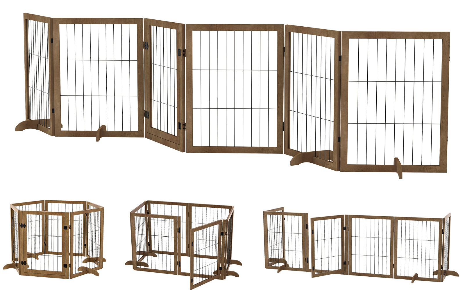 Dog Gate With Door Pet Dog Fence Barrier 6 Panels 144 Inch Wide 32 Inch Tall Foldable Multiple Shapes Freestanding With Support Feet Indoor Use For House Doorway Stairs Plant Stand Brown Pet Barrier Medium 26 40 Lbs Solid Wood