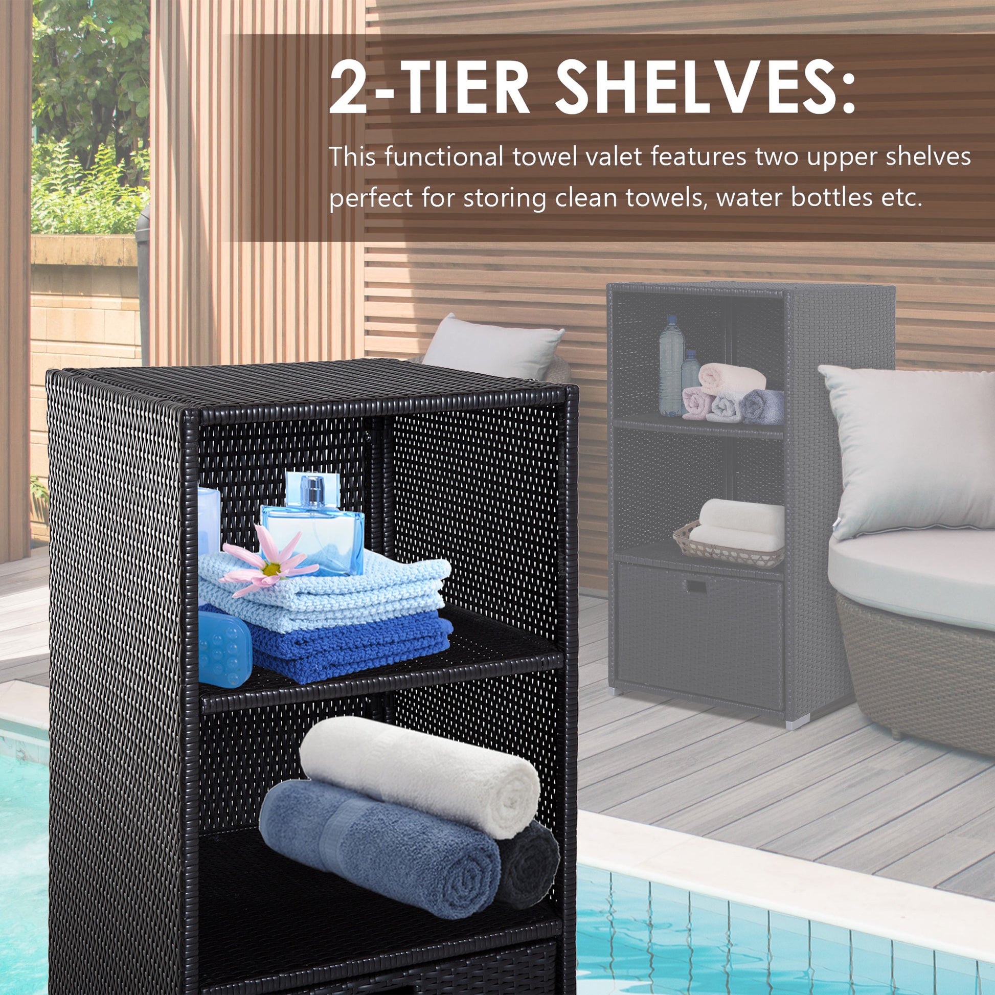 Outsunny Valet Pool Towel Rack, Waterproof Pe Plastic Rattan Wicker Storage Organizer, Indoor Outdoor Spa, And Hot Tub Accessory Storage, 2 Shelves, 1 Basket Drawer, Espresso Dark Brown Plastic