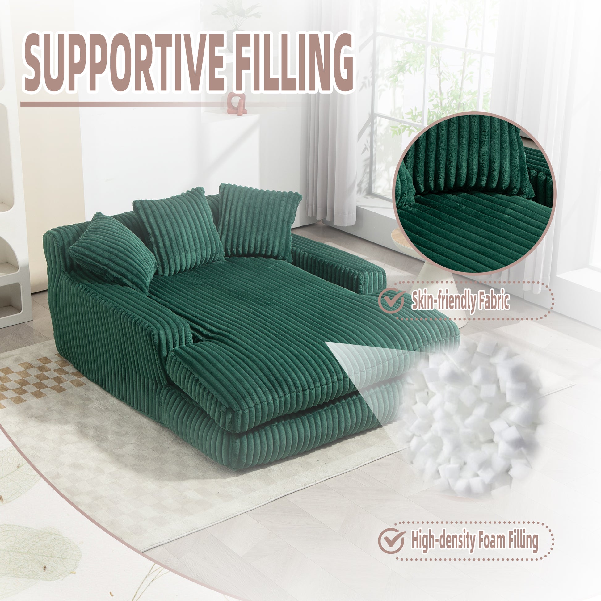 Coolmore Corduroy Lazy Sofa With 3 Back Pillows,Comfy Sofa Deep Seat Couch For Living Room,Club Emerald Emerald Primary Living Space Foam Corduroy 1 Seat