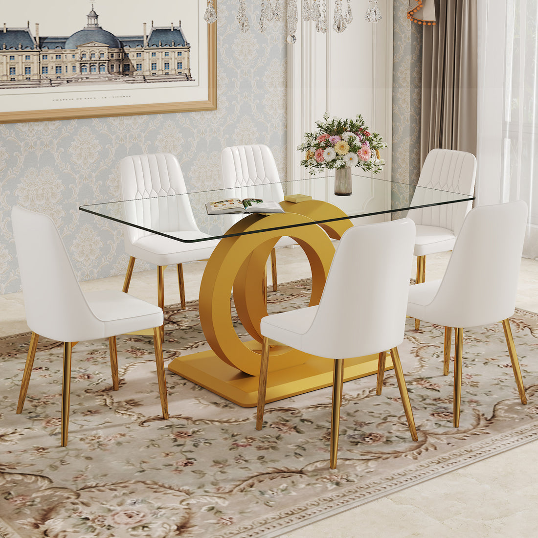 Table And Chair Set.63"W X 35.4"D X 30"H Clear Tempered Glass Desk And Chair Set With 6 White Pu Chairs With Gold Metal Legs.Bring A Comfortable Home Experience To The Kitchen, Bedroom, And Office.