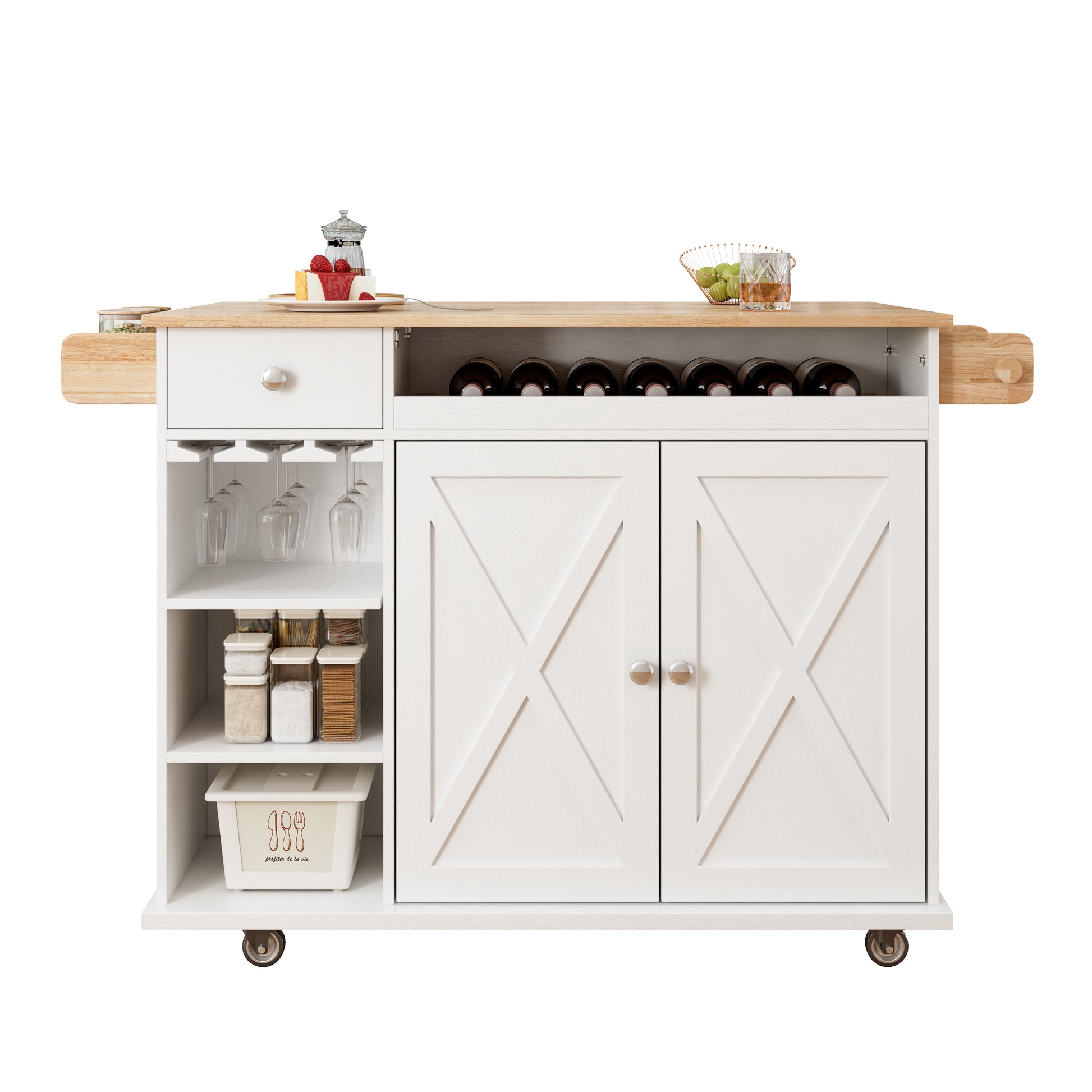 44 Inch Kitchen Island Cart With Solid Wood Top, Wine Storage, Spice Rack, Towel Rack, Wine Glass Holder, Rolling Kitchen Island Table On Wheels, Tool Free Installation, White & Oak White Solid Wood Mdf