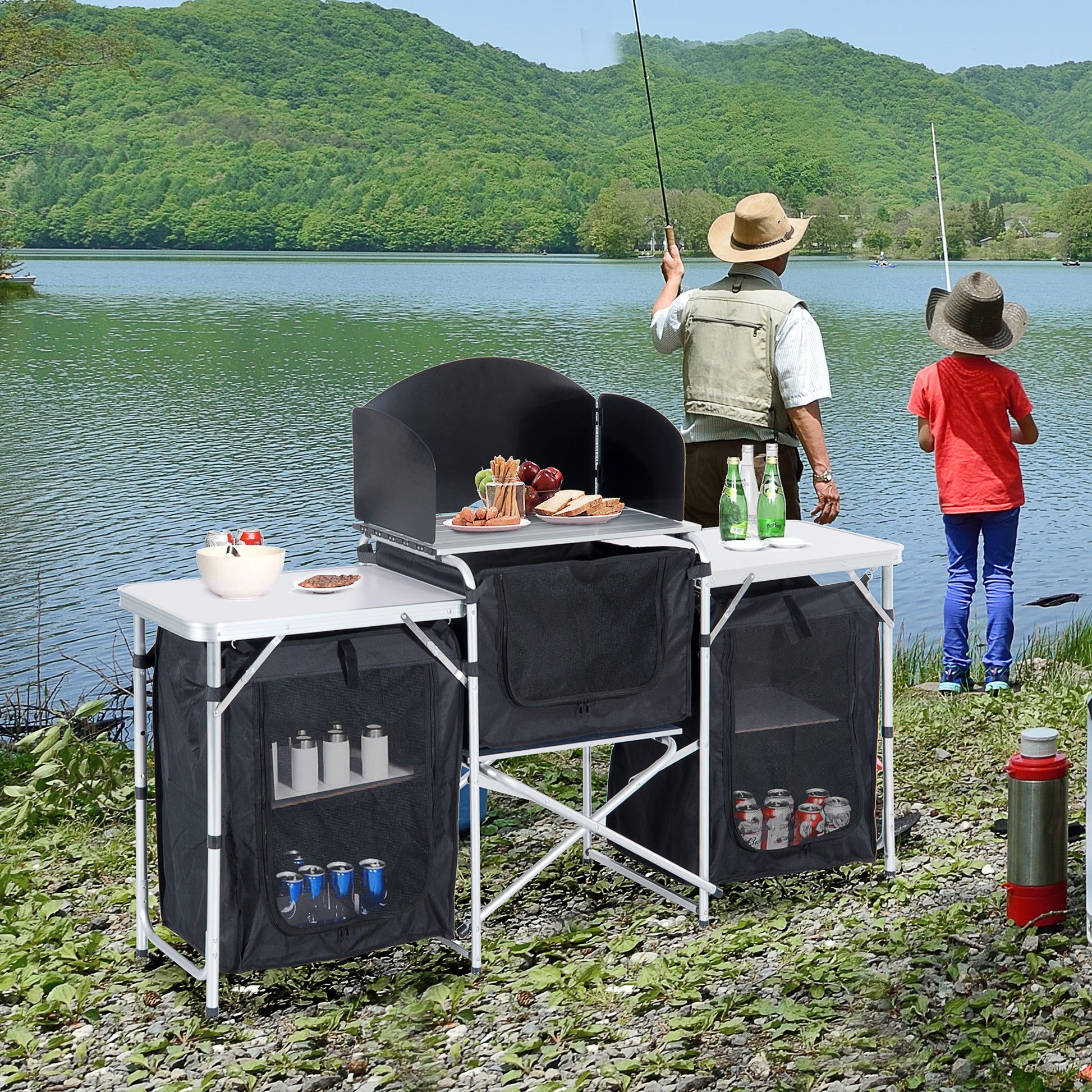 Outsunny Aluminum Portable Camping Kitchen Fold Up Cooking Table With Windscreen And 3 Enclosed Cupboards For Bbq, Party, Picnics, Backyards Colorful Aluminum