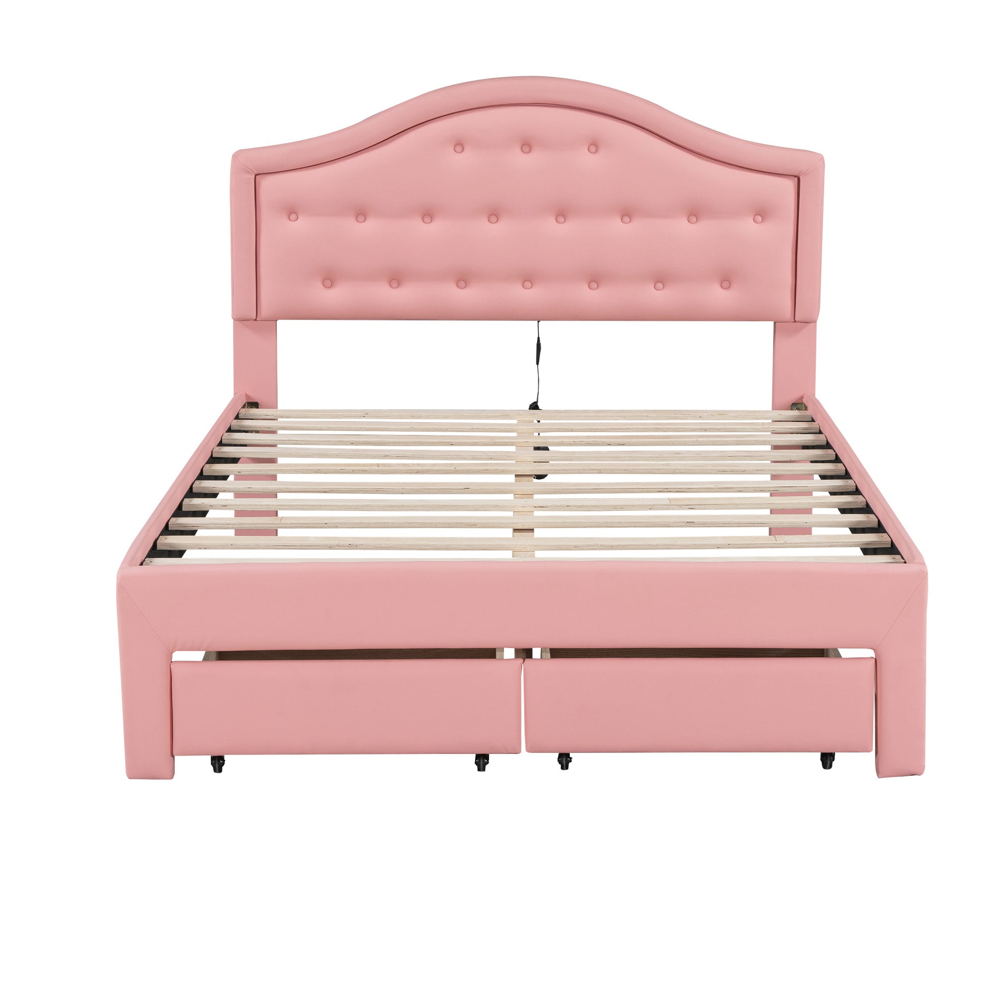 Full Size Upholstered Platform Bed With Tufted Headboard, Led And 2 Drawers, Pink Box Spring Not Required Full Pink Wood Bathroom Bed Frame Faux Leather Upholstered