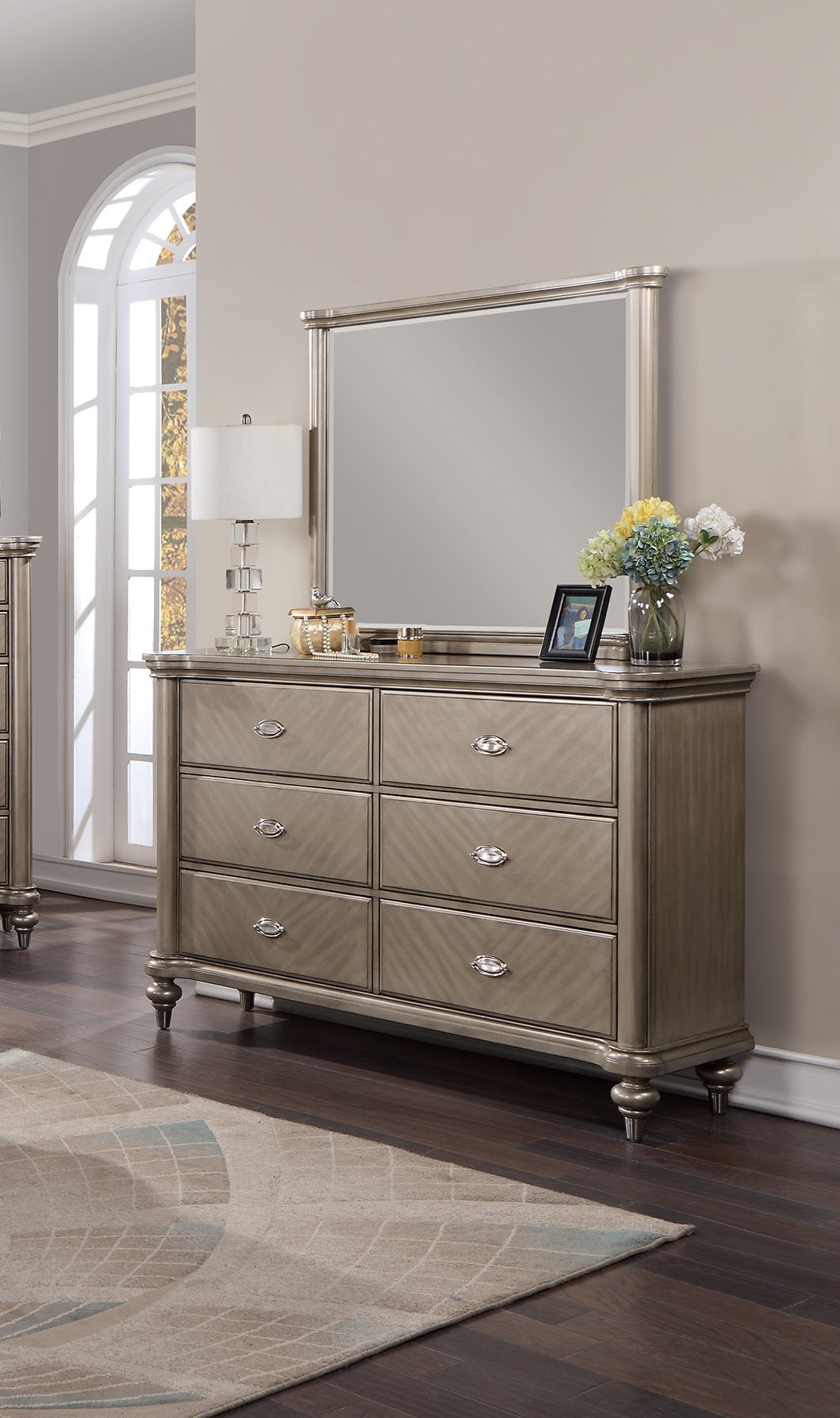 Luxury Antique Silver Champagne Finish Dresser W Mirror Storage Space Drawers Bedroom Furniture Antique Silver Bedroom Contemporary,Industrial,Modern,Transitional Rubberwood Solid Wood