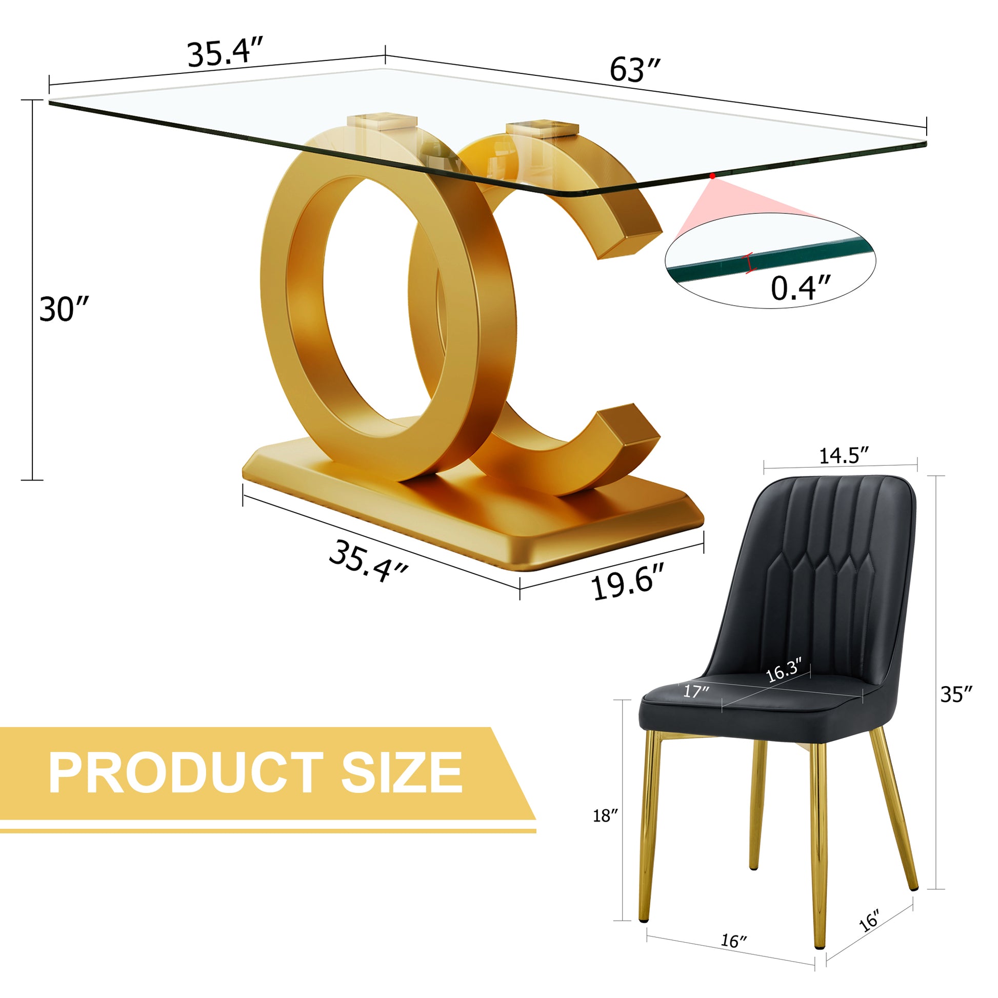 Table And Chair Set.63"W X 35.4"D X 30"H Clear Tempered Glass Desk And Chair Set With 6 Black Pu Chairs With Gold Metal Legs.Bring A Comfortable Home Experience To The Kitchen, Bedroom, And Office.