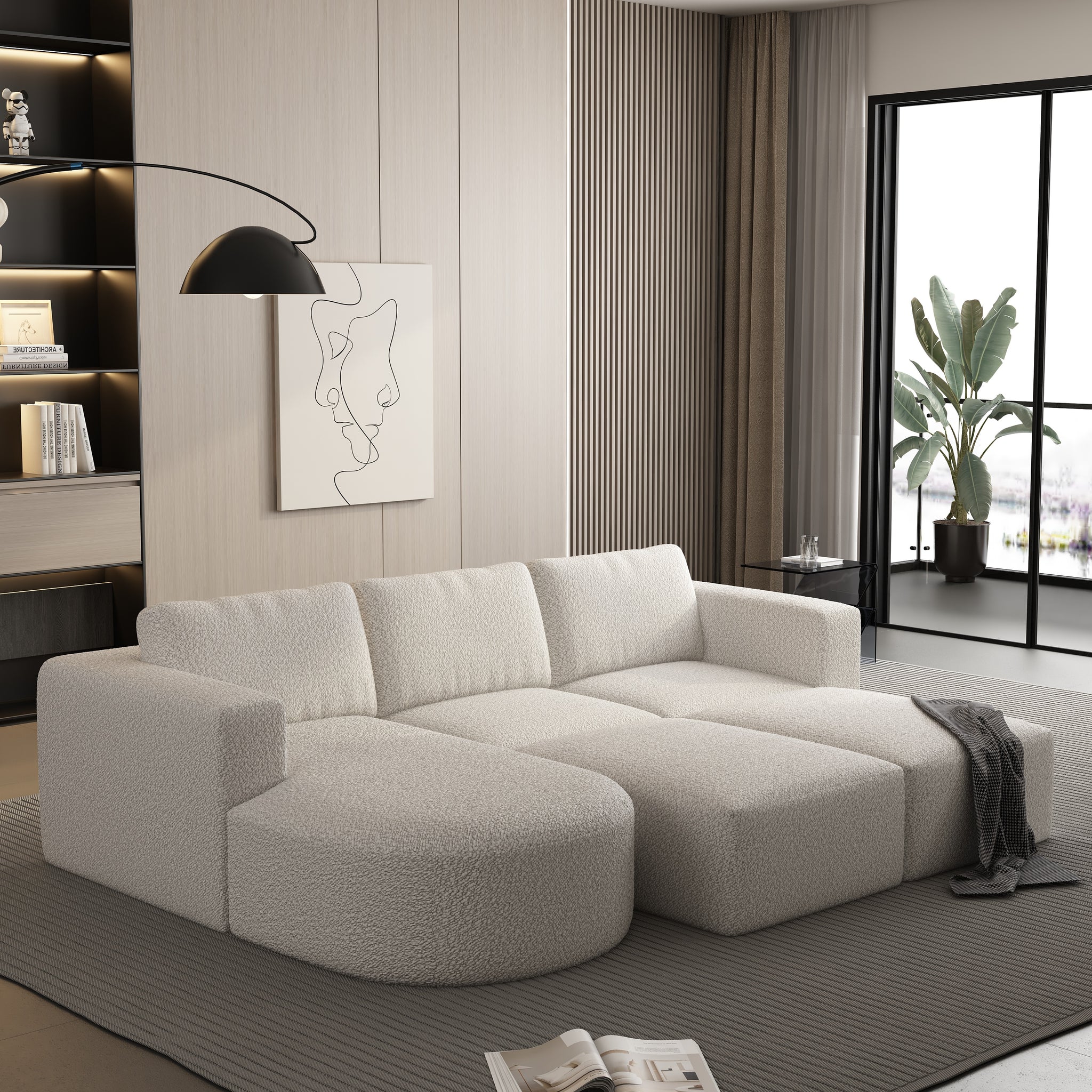 104.32*70.86 Modular Sectional Sofa Sleeper Couch, Sectional Sofa With Chaise And Ottoman, Convertible U Shaped Modular Sofa Set. Compressed Sponge, White. Combo A B C 2D White Primary Living Space Soft Minimalist,Modern Foam Spring 6 Seat