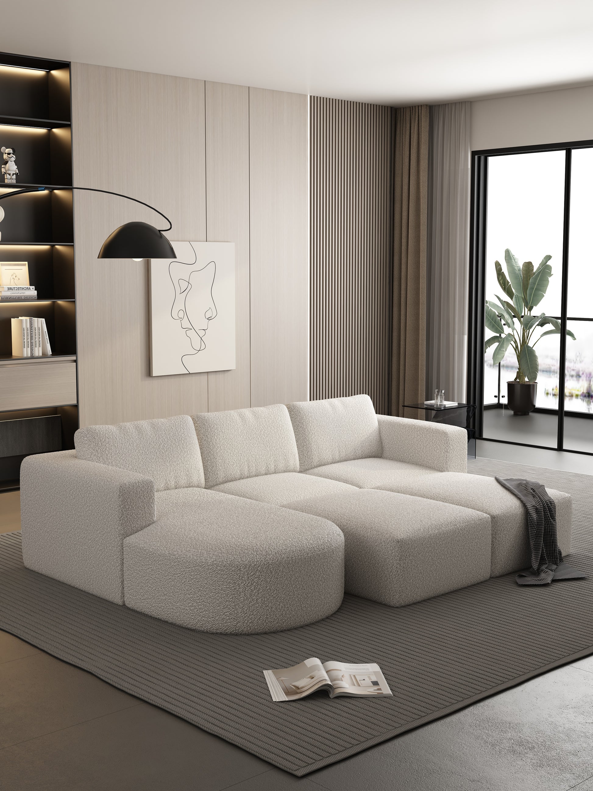 104.32*70.86 Modular Sectional Sofa Sleeper Couch, Sectional Sofa With Chaise And Ottoman, Convertible U Shaped Modular Sofa Set. Compressed Sponge, White. Combo A B C 2D White Primary Living Space Soft Minimalist,Modern Foam Spring 6 Seat