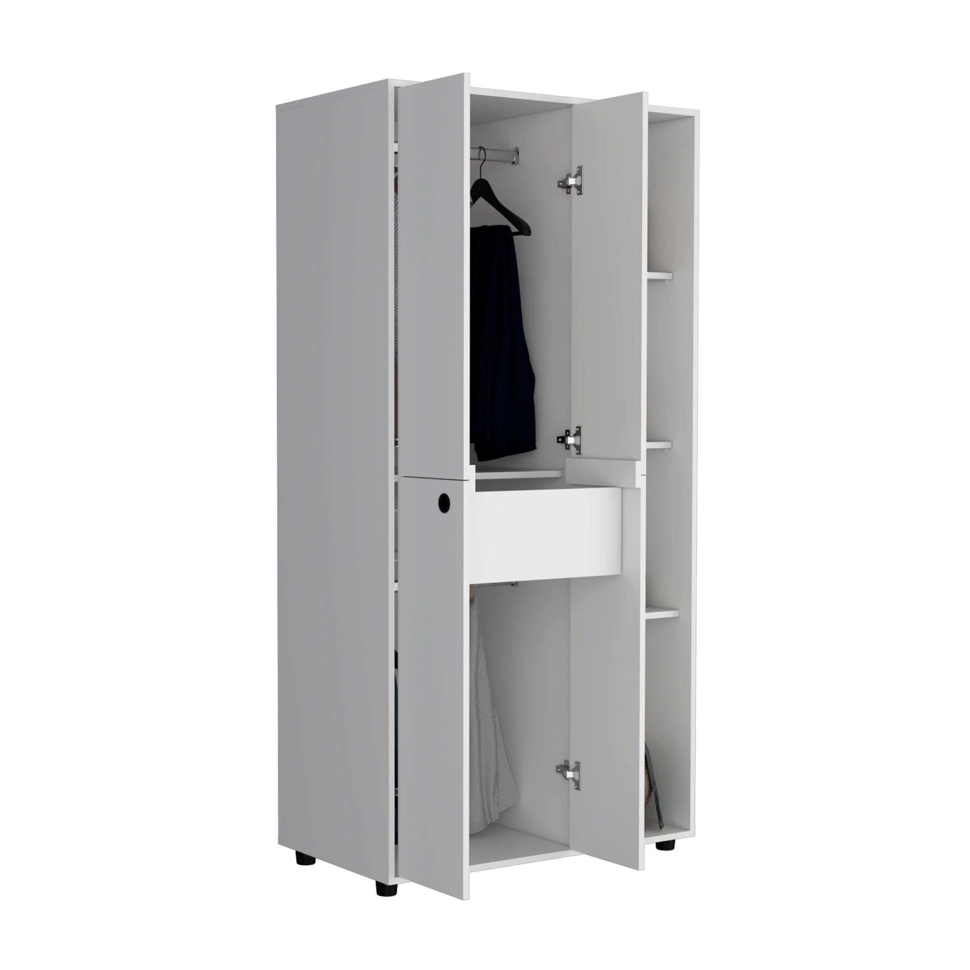 Misuri Wardrobe Armoire With Double Door, Drawer, Hanging Rod, And Open Shelves White White Particle Board