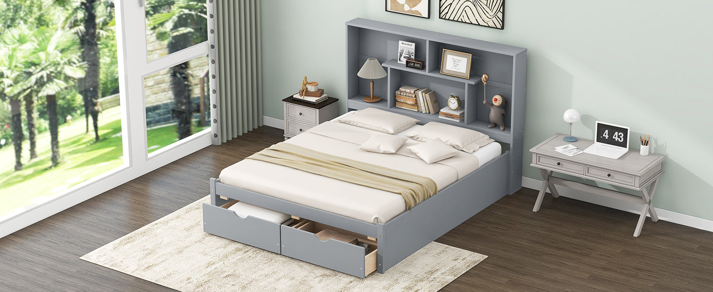 Queen Size Platform Bed With Storage Headboard And 2 Drawers, Gray Box Spring Not Required Queen Gray Wood Bedroom Bed Frame Solid Wood Mdf