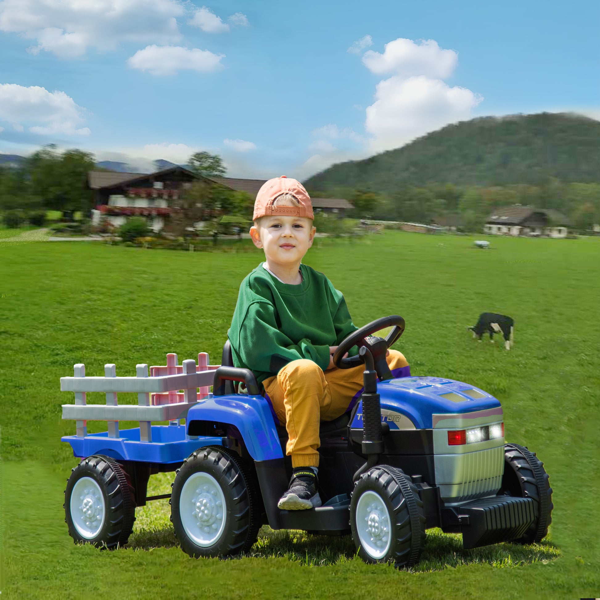 Blue, 12V7Ah Battery Powered Toy Tractor With Trailer, Remote Control, Kids' Electric Excavator Vehicles With 2X35W Dual Motor, Treaded Tires, Led Lights, Usb, Music, Gifts For Boy, Girl Blue 50 99 Lbs Iron Plastic Iron Plastic Indoor & Outdoor Use