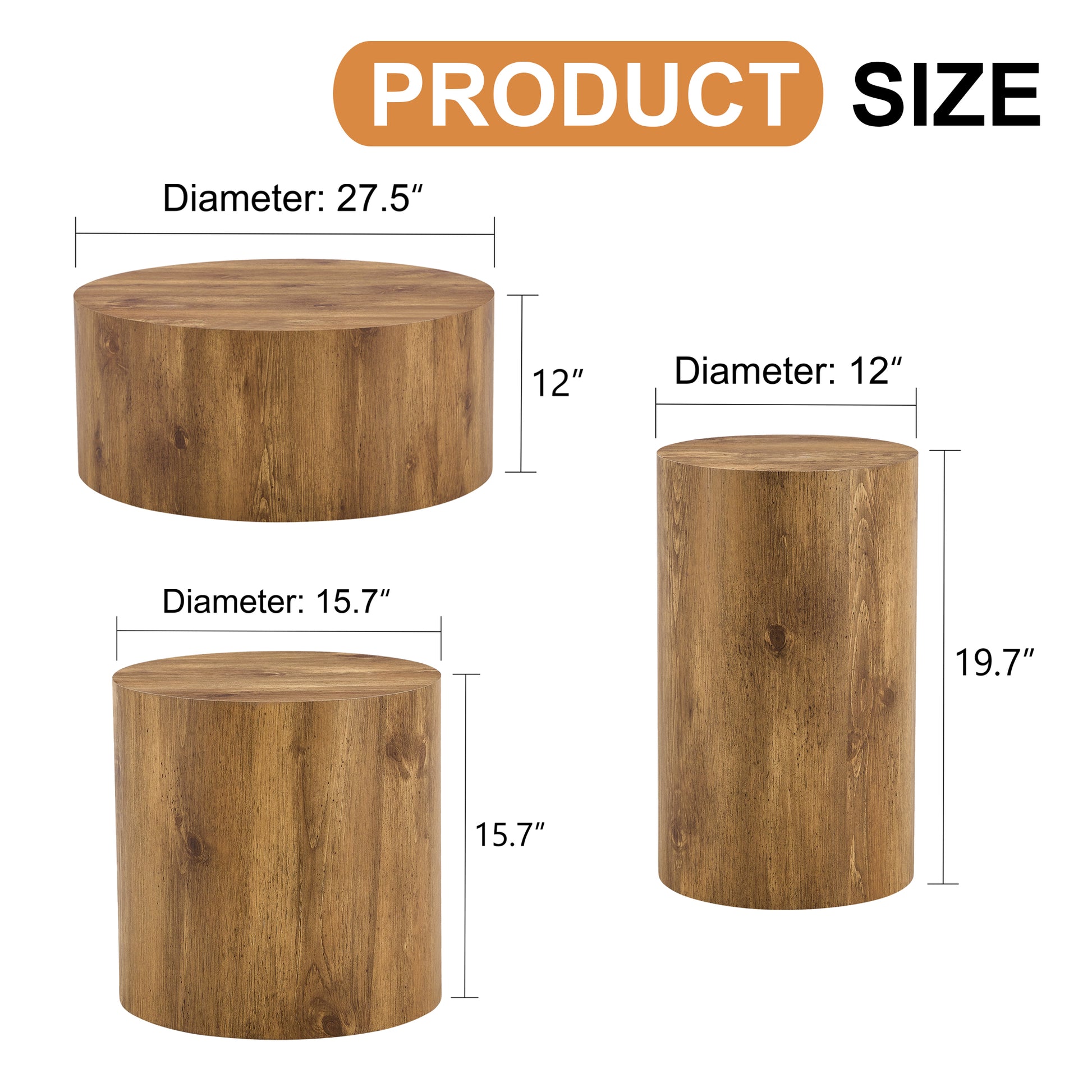 Modern Minimalist Set Of Three Wood Color Cylinder Marble Patterned Mdf Coffee Tables.The Cylindrical Table With Its Patterned Design Can Be Easily Integrated Into A Variety Of Interior Styles. Wood