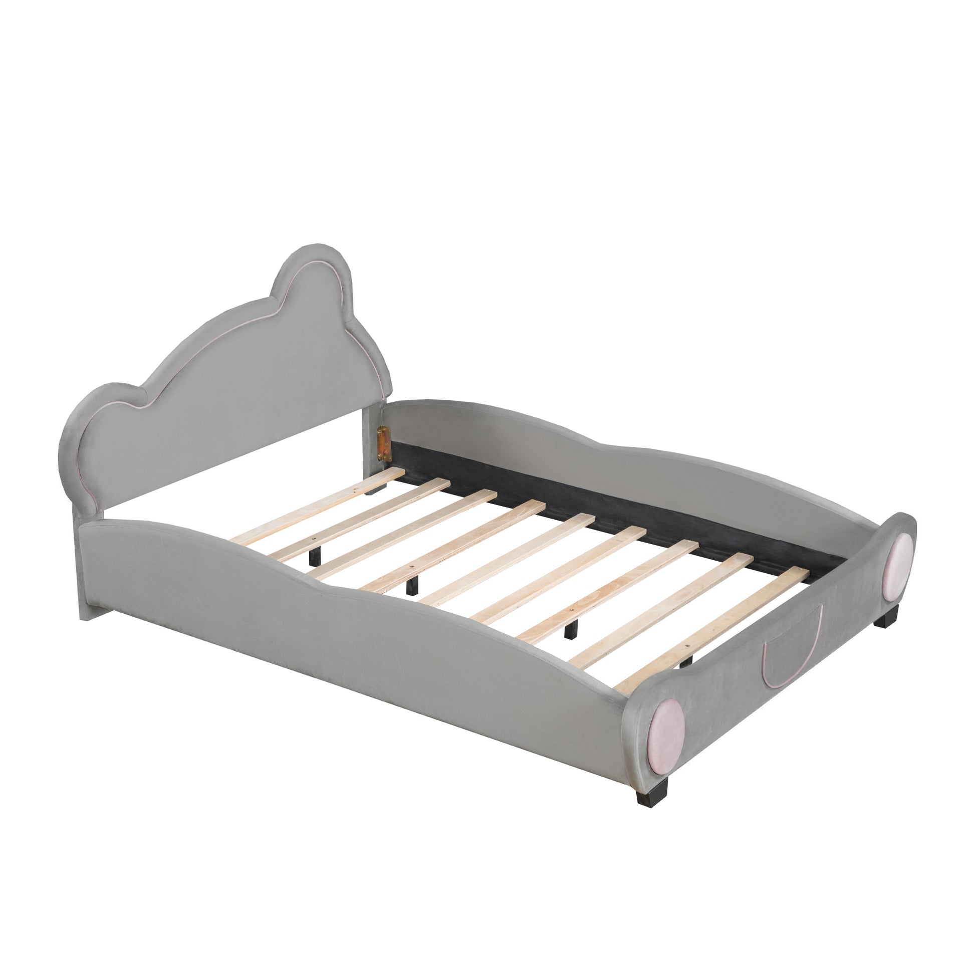 Full Size Velvet Platform Bed With Bear Shaped Headboard, With Bed End Storage Pocket, Gray Full Gray Plywood