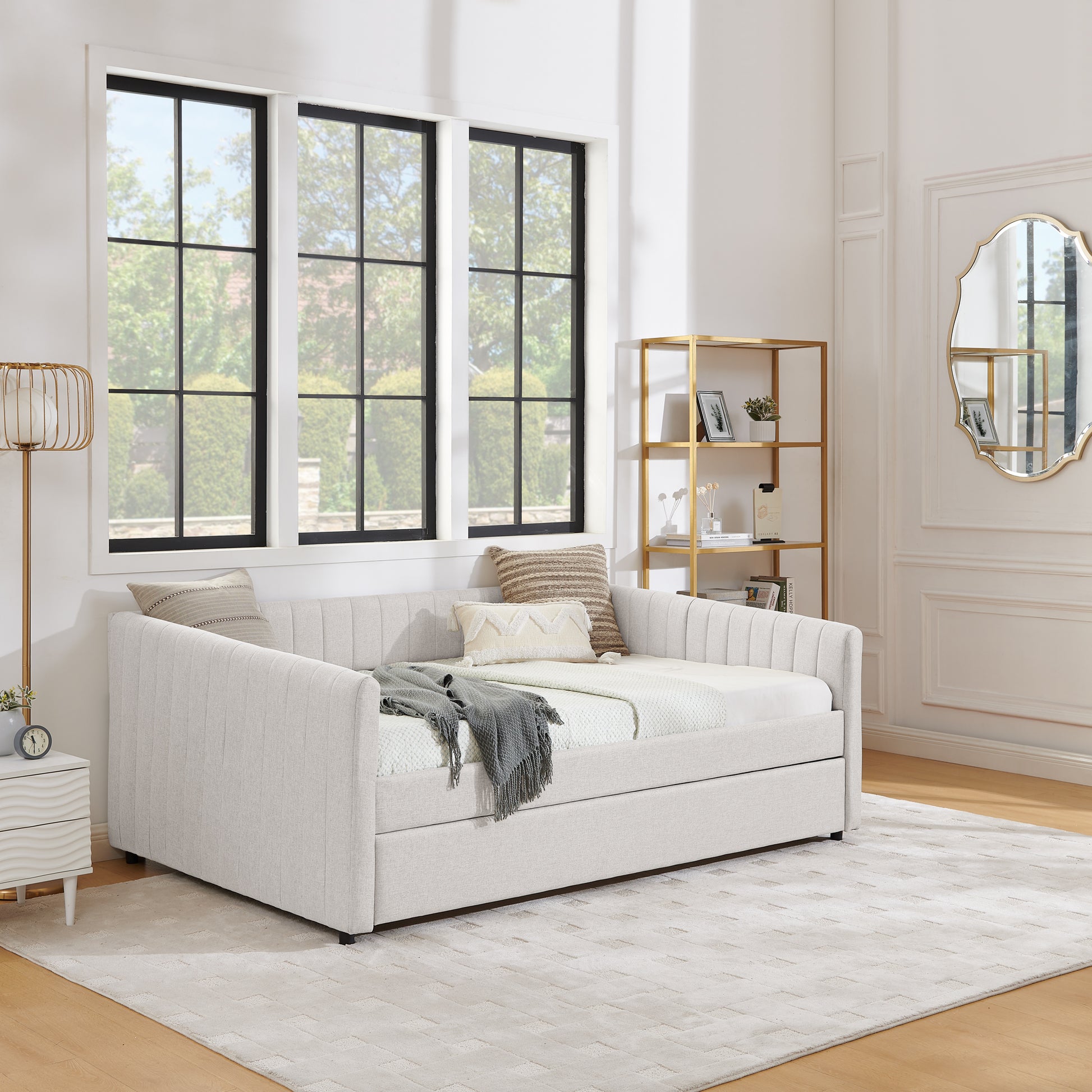 Full Size Daybed With Trundle Upholstered Sofa Bed, With Vertical Stripes, Linen Fabric, Beige 82.5"X58"X30" Beige Linen