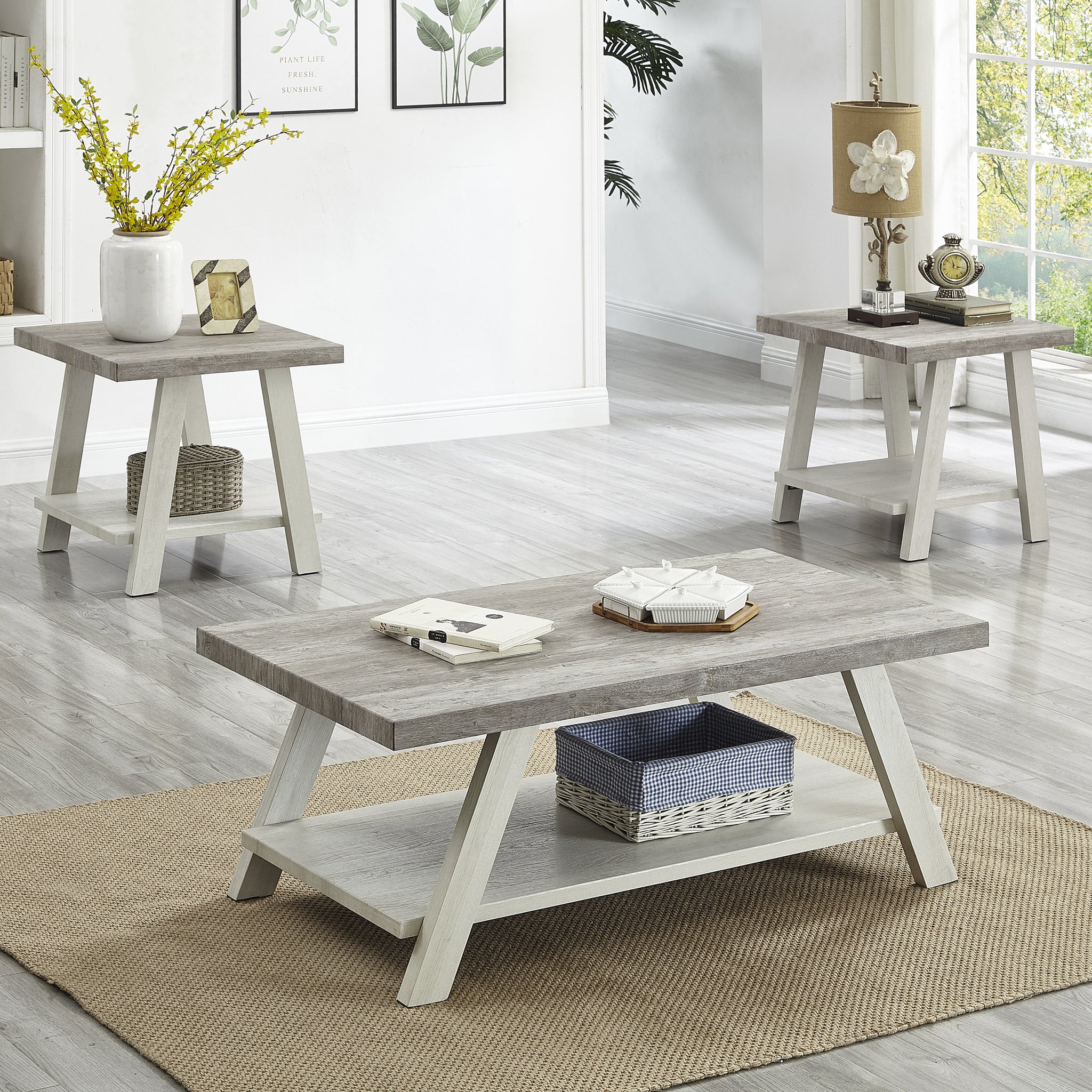 Athens Contemporary 3 Piece Wood Shelf Coffee Table Set In Weathered Gray And Beige Multicolor Primary Living Space Rectangular Coffee & End Tables Rectangular Wood