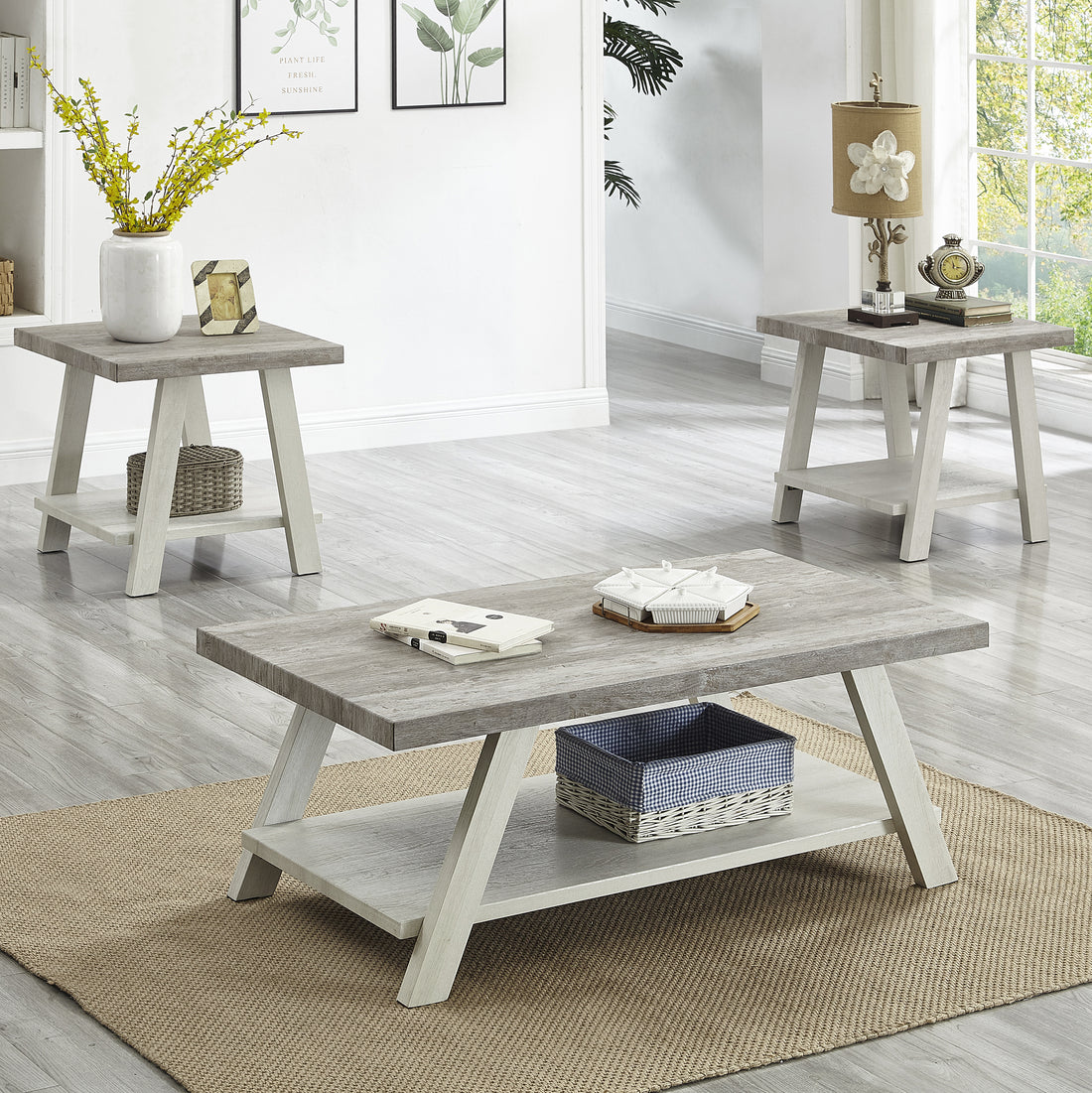 Athens Contemporary 3 Piece Wood Shelf Coffee Table Set In Weathered Gray And Beige Multicolor Primary Living Space Rectangular Coffee & End Tables Rectangular Wood