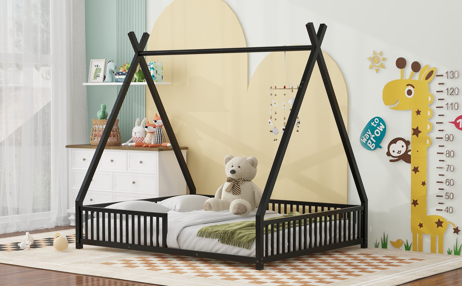 Metal Full Size House Platform Bed With Triangle Structure And Guardrail, Black Box Spring Not Required Full Black Metal Metal