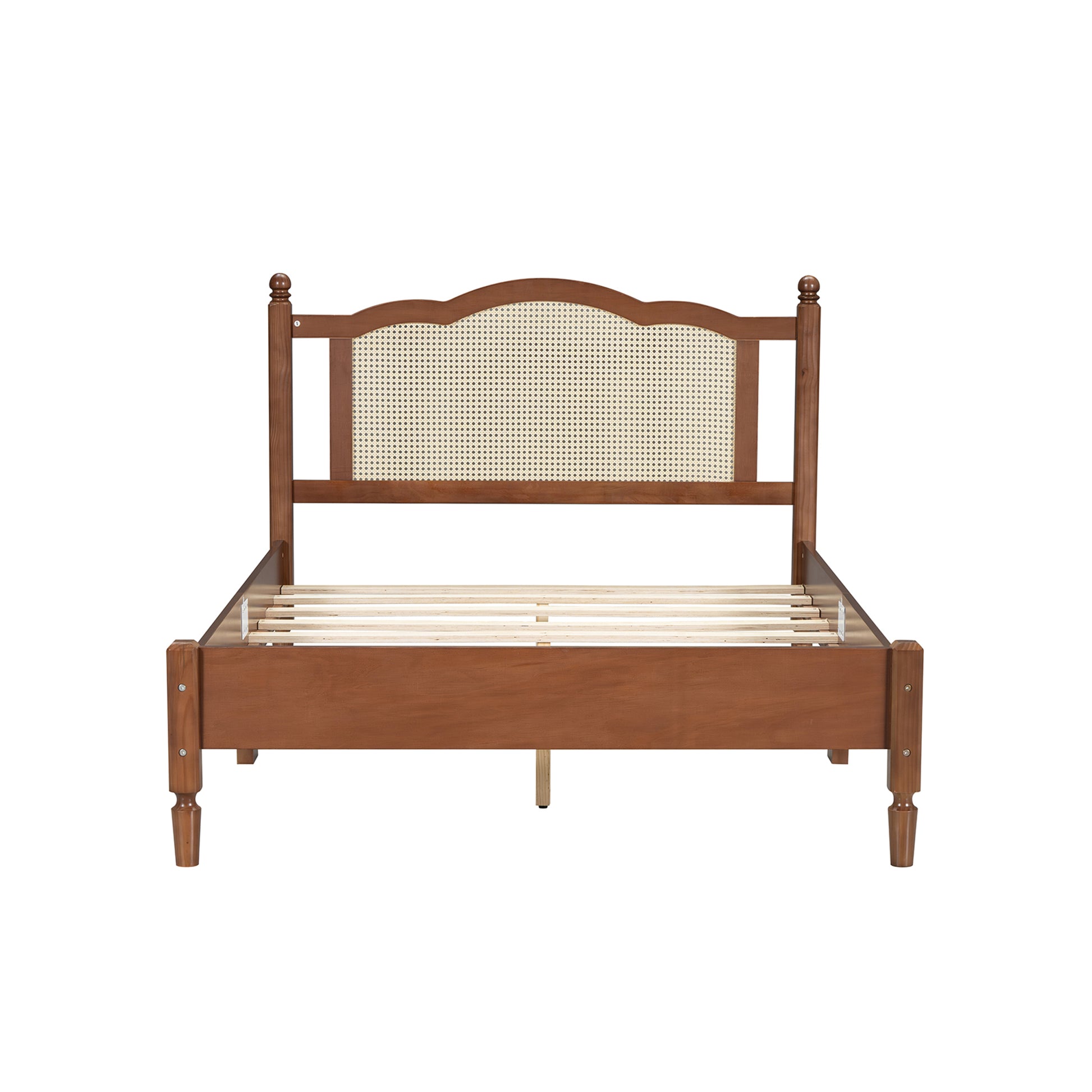 Full Size Wooden Platform Bed With Natural Rattan Headboard, Vintage Bed Frame With Wooden Slat Support, Walnut Box Spring Not Required Full Walnut Wood