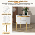 19.6'' Easy Assembly Round End Table With Storage Drawers, Fluted Nightstand With High Gloss Faux Marble Tabletop, Modern Coffee Table With Metal Legs And Handles For Living Room, White White Gold Primary Living Space Drawers Round Mdf Iron