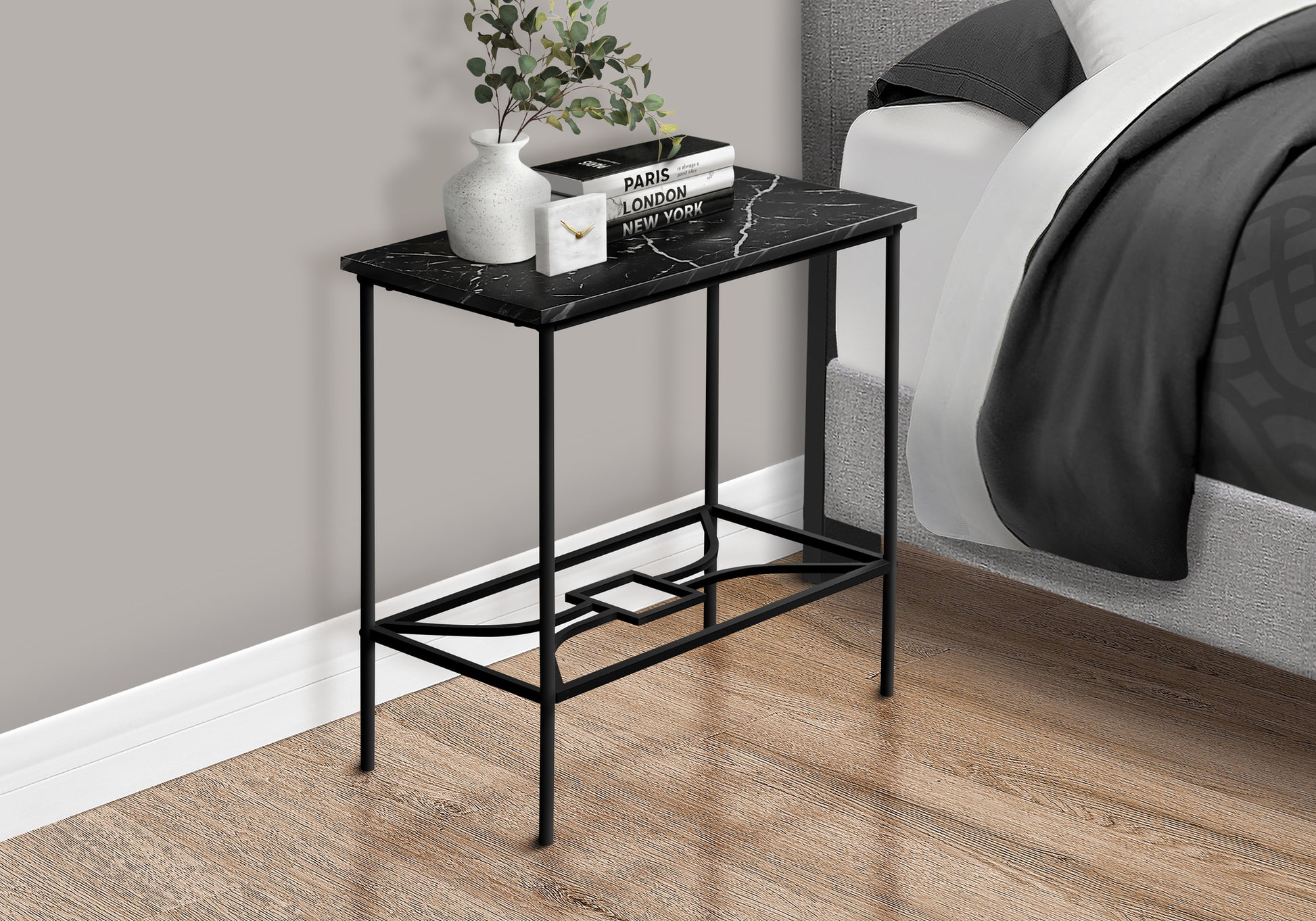 Accent Table, Side, End, Narrow, Small, 2 Tier, Living Room, Bedroom, Black Marble Look Laminate, Black Metal, Contemporary, Modern Black Mdf