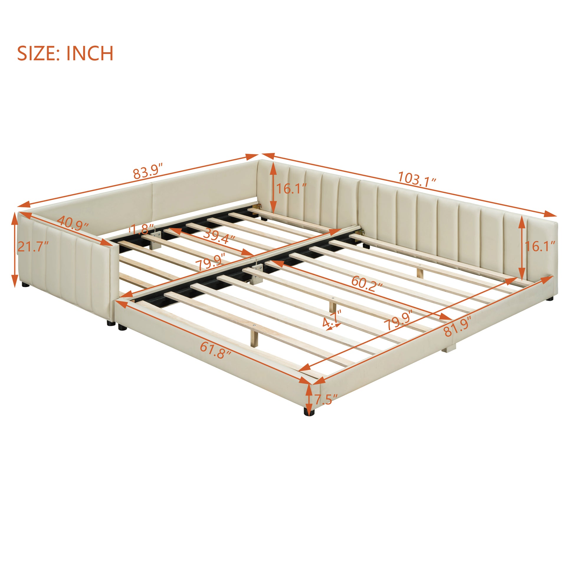 Queen Size & Twin Xl Size Upholstered Platform Bed, Mother & Child Bed, Pu Leather, Beige Beige Pu Leather