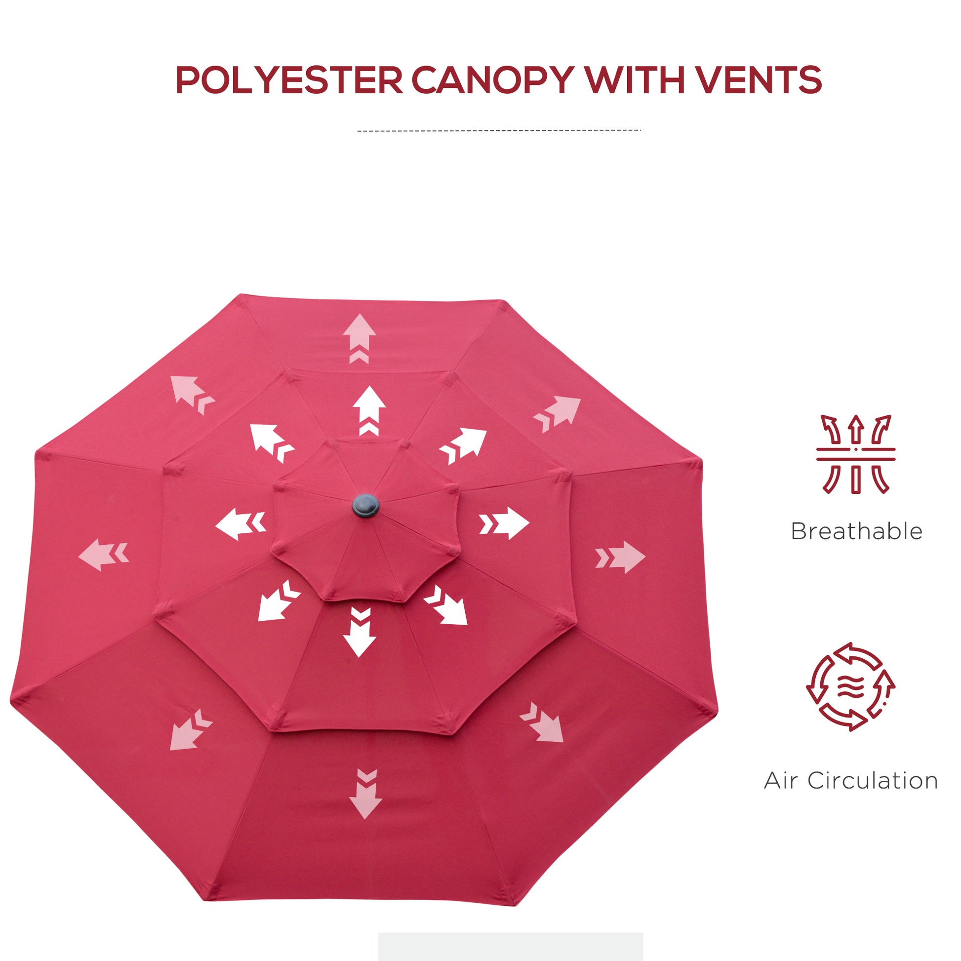 Outsunny 9Ft 3 Tiers Patio Umbrella Outdoor Market Umbrella With Crank, Push Button Tilt For Deck, Backyard And Lawn, Wine Red Wine Red Polyester