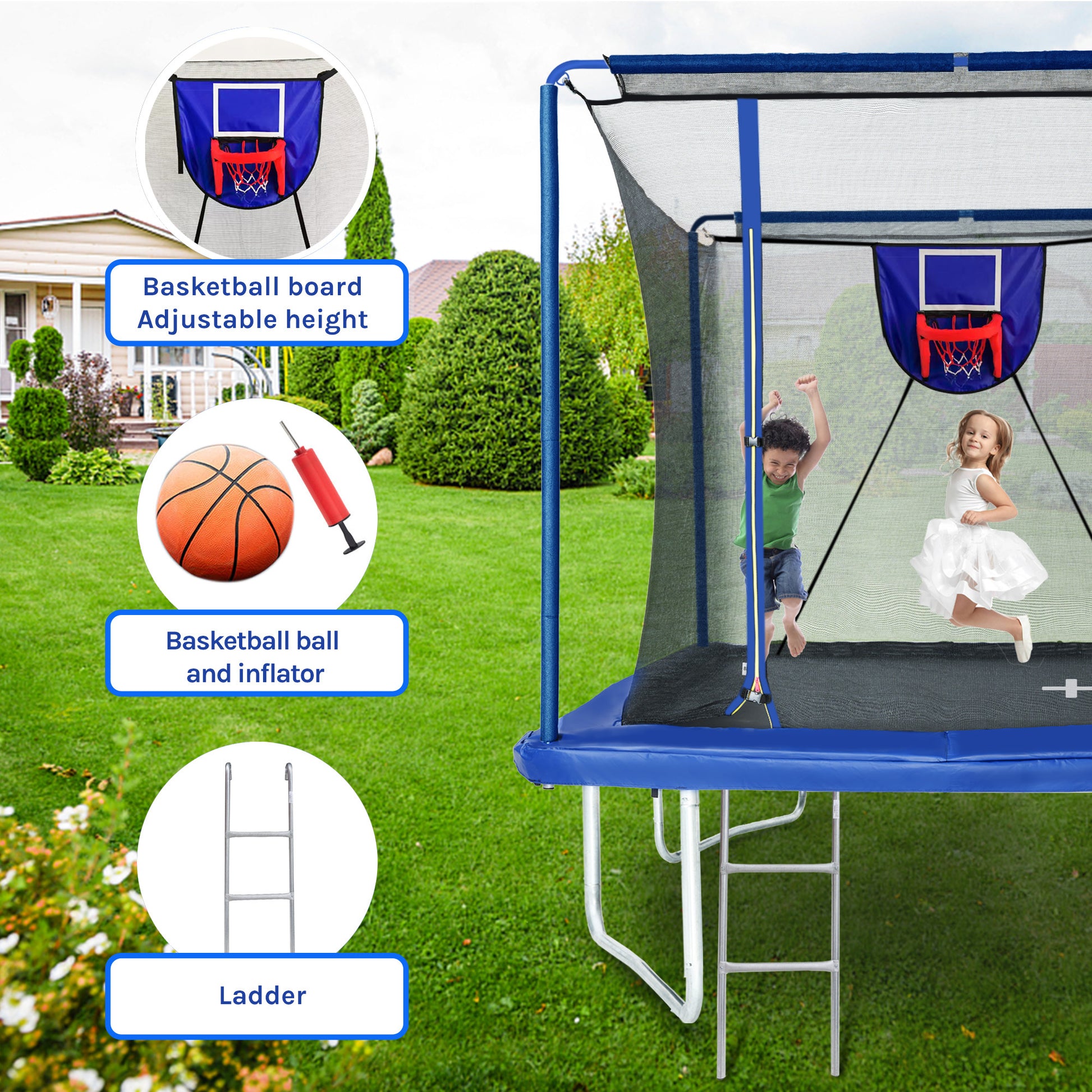 Yc 8Ft By 12Ft Rectangular Trampoline With Basketball Board,Ball Inflater And Ladder Blue Astm Standard Tested And Cpc Certified Blue Steel