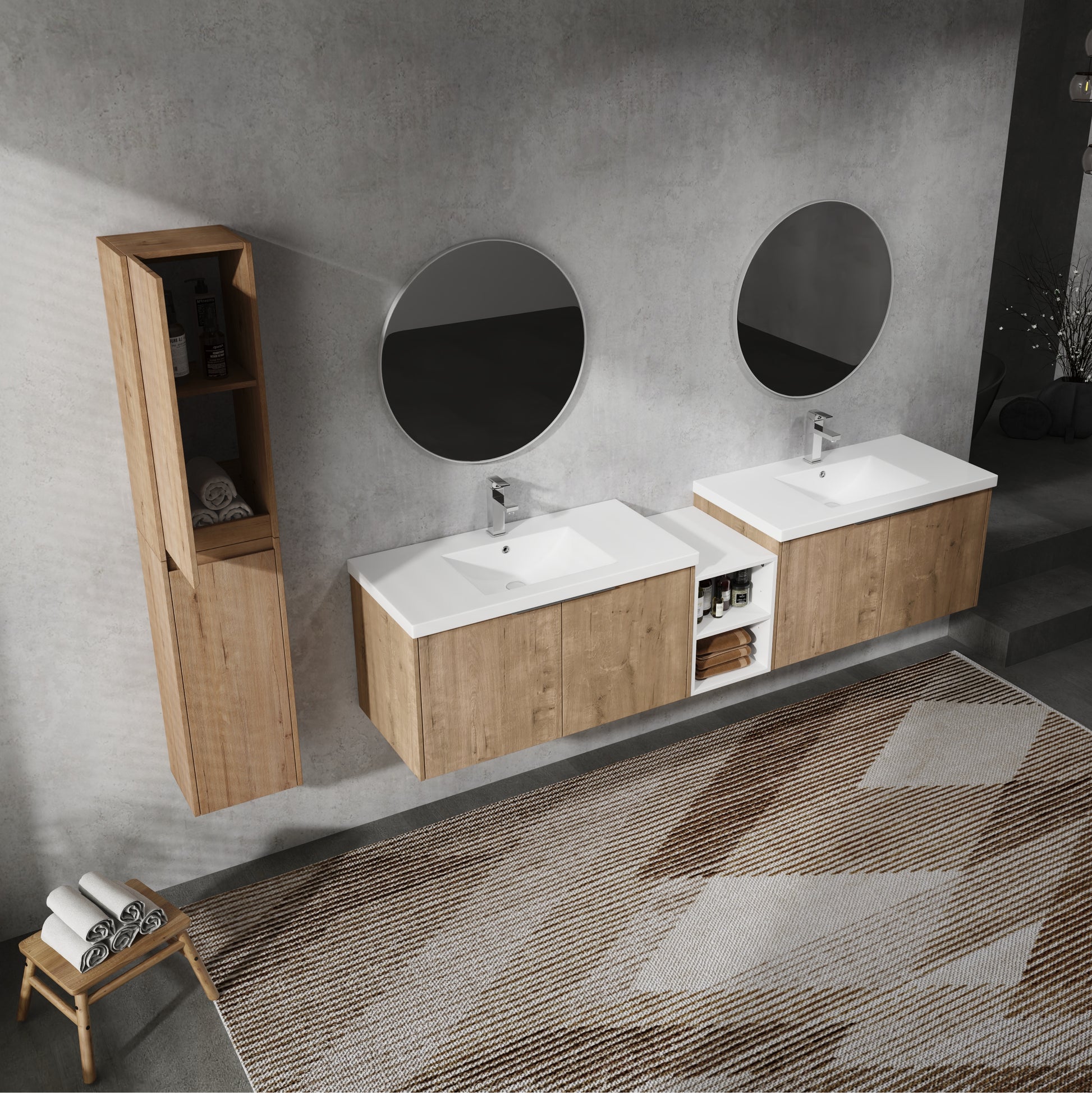 84" Wall Mounted Bathroom Vanity With Sink And Side Cabinet, Soft Close Doors,00112Imo 00636Imox2 0612Gwh Combination Cabinet Kd Packing Imitative Oak Bathroom Modern Plywood Plywood