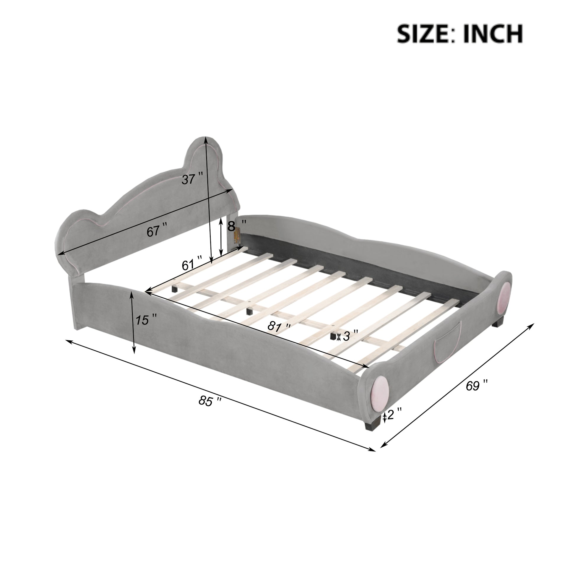 Queen Size Velvet Platform Bed With Bear Shaped Headboard, With Bed End Storage Pocket, Gray Queen Gray Plywood