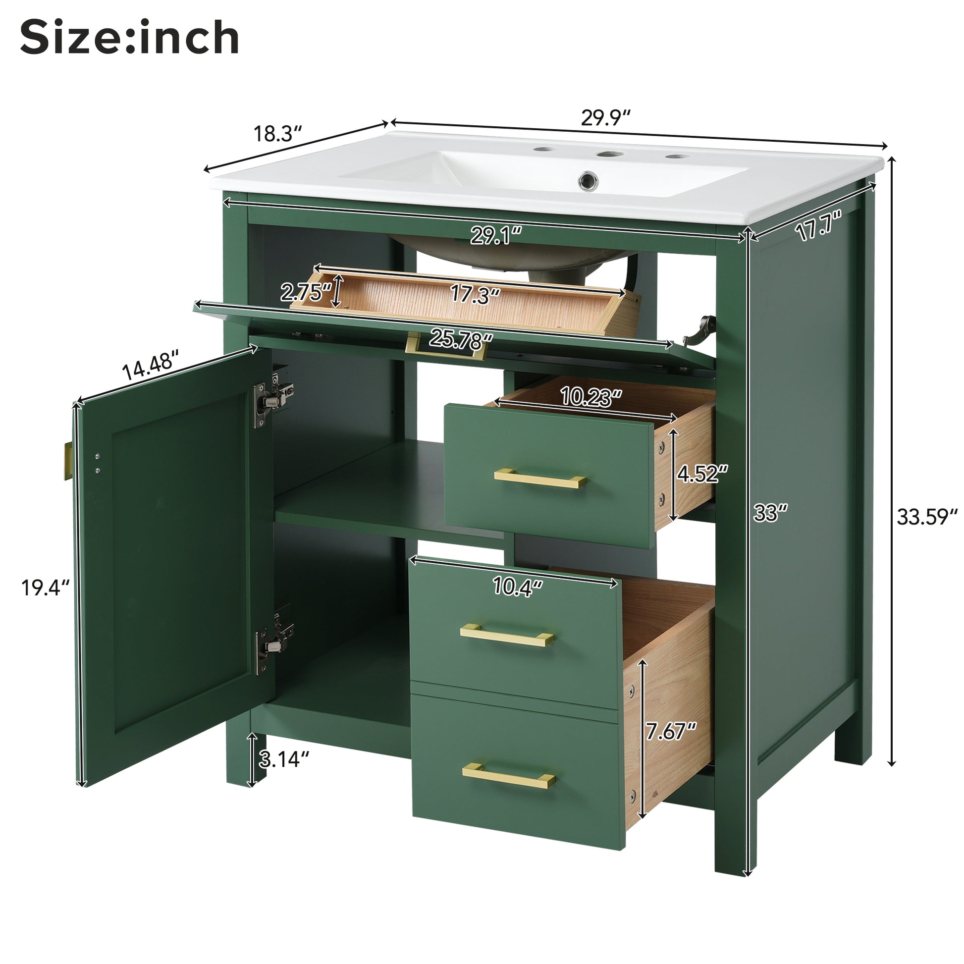 30 Inch Green Bathroom Vanity With Ceramic Sink And Large Storage Ideal Choice For Small Bathrooms Green Solid Wood Mdf