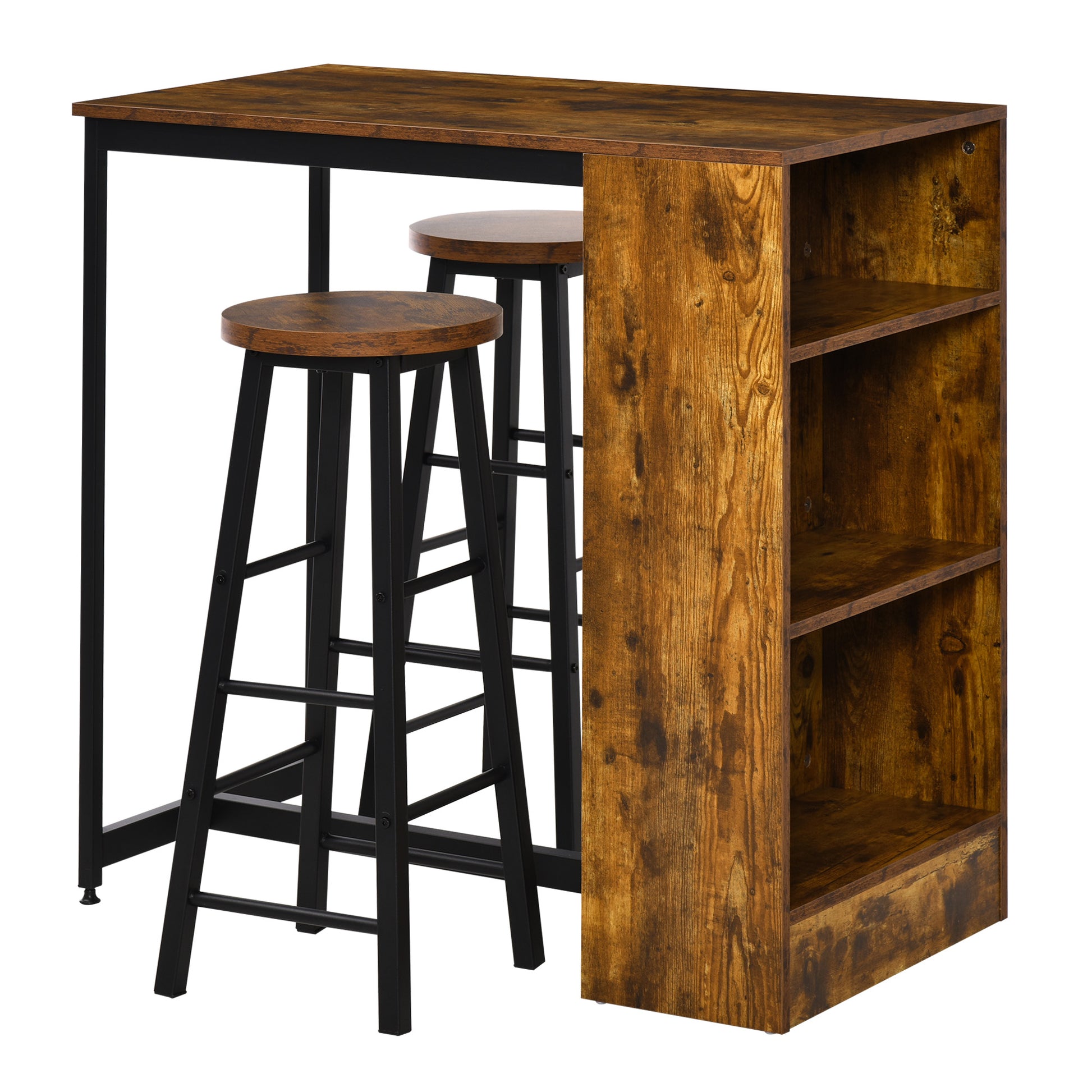 Homcom 3 Piece Industrial Pub Table And Chairs, Counter Height Bar Table And Stools Set With Storage Shelf, Rustic Brown Rustic Brown Particle Board