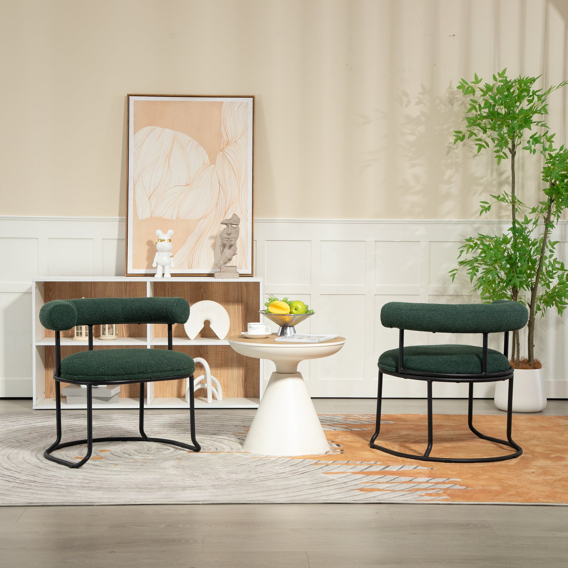 Coolmore Boucle Dining Chairs Set Of 2, Mid Century Modern Curved Backrest Chair, Round Upholstered Kitchen Chairs Emerald Boucle Emerald Foam Mdf Metal