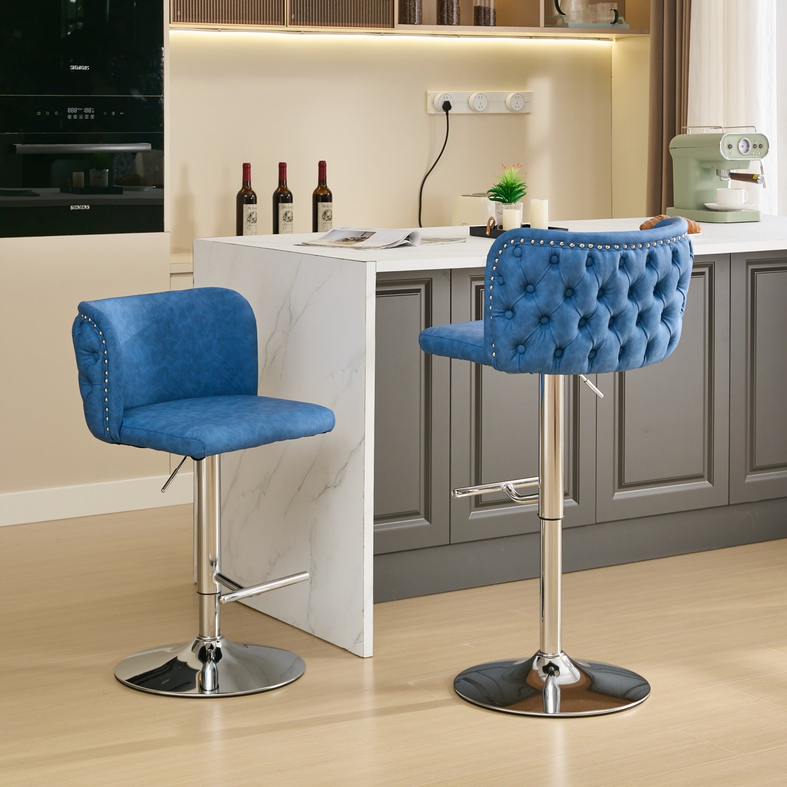 Swivel Barstools Adjusatble Seat Height With Chrome Base, Modern Pu Upholstered Bar Stools With The Whole Back Tufted, For Home Pub And Kitchen Island,Blue, Set Of 2 Blue American Design Bar Stools Set Of 2 Foam Pu Leather