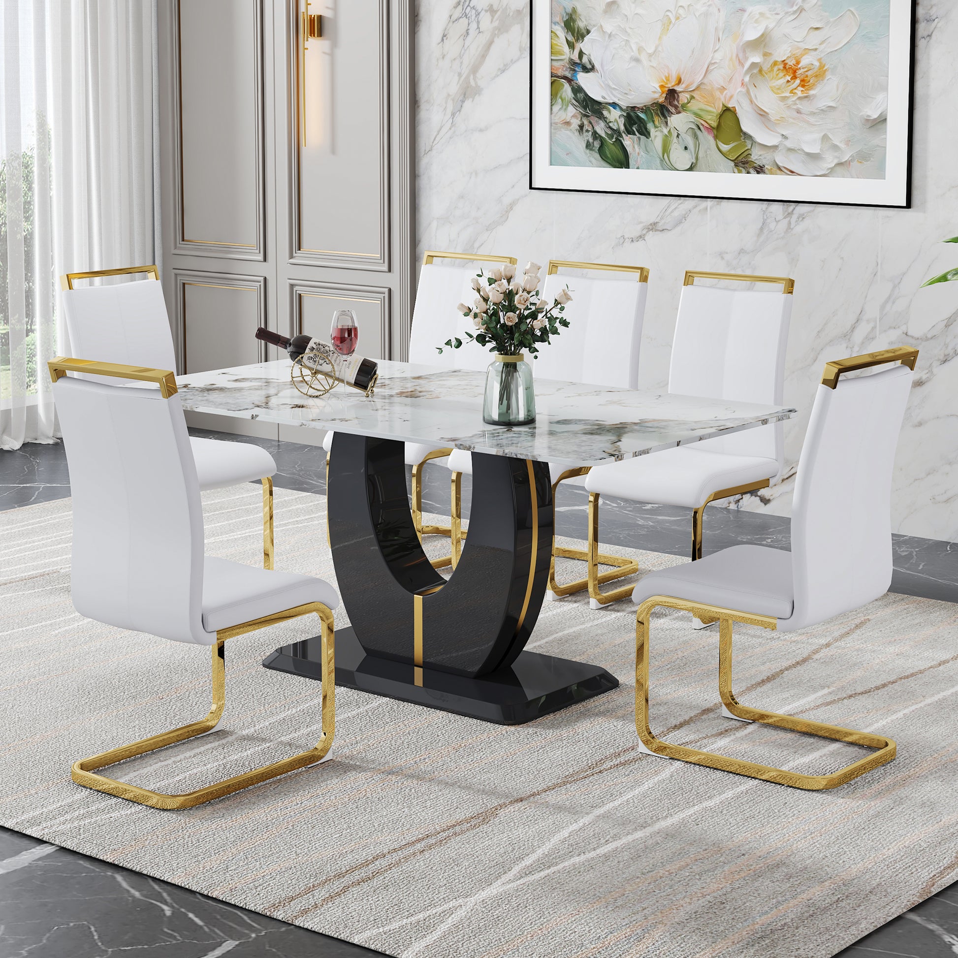 Table And Chair Set, Modern Dining Table, Patterned Table Top And Black Mdf Table Leg, Soft And Comfortable Dining Chair, Perfect For Dinner, Meetings, Home And Office Decor White Black Mdf Glass