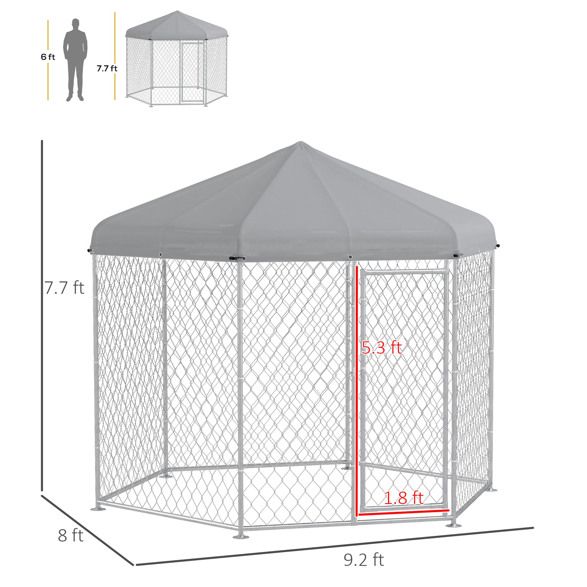 Pawhut 9.2' X 8' X 7.7' Dog Kennel Outdoor Dog Run With Waterproof, Uv Resistant Roof, Lockable Door, For Medium And Large Sized Dogs, Silver Silver Steel